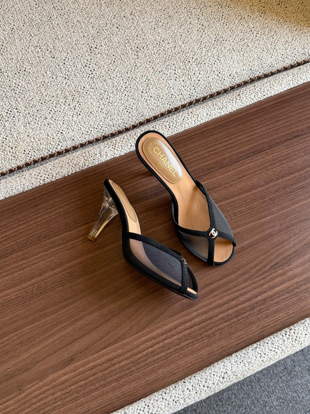 Chanel Mesh Peep-Toe CC Mules