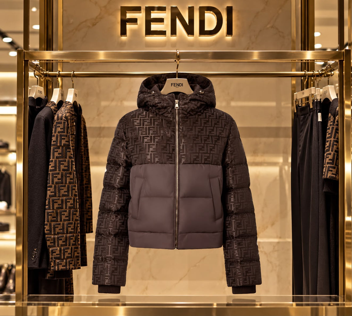 Fendi FF Jacquard Hooded Padded Jacket