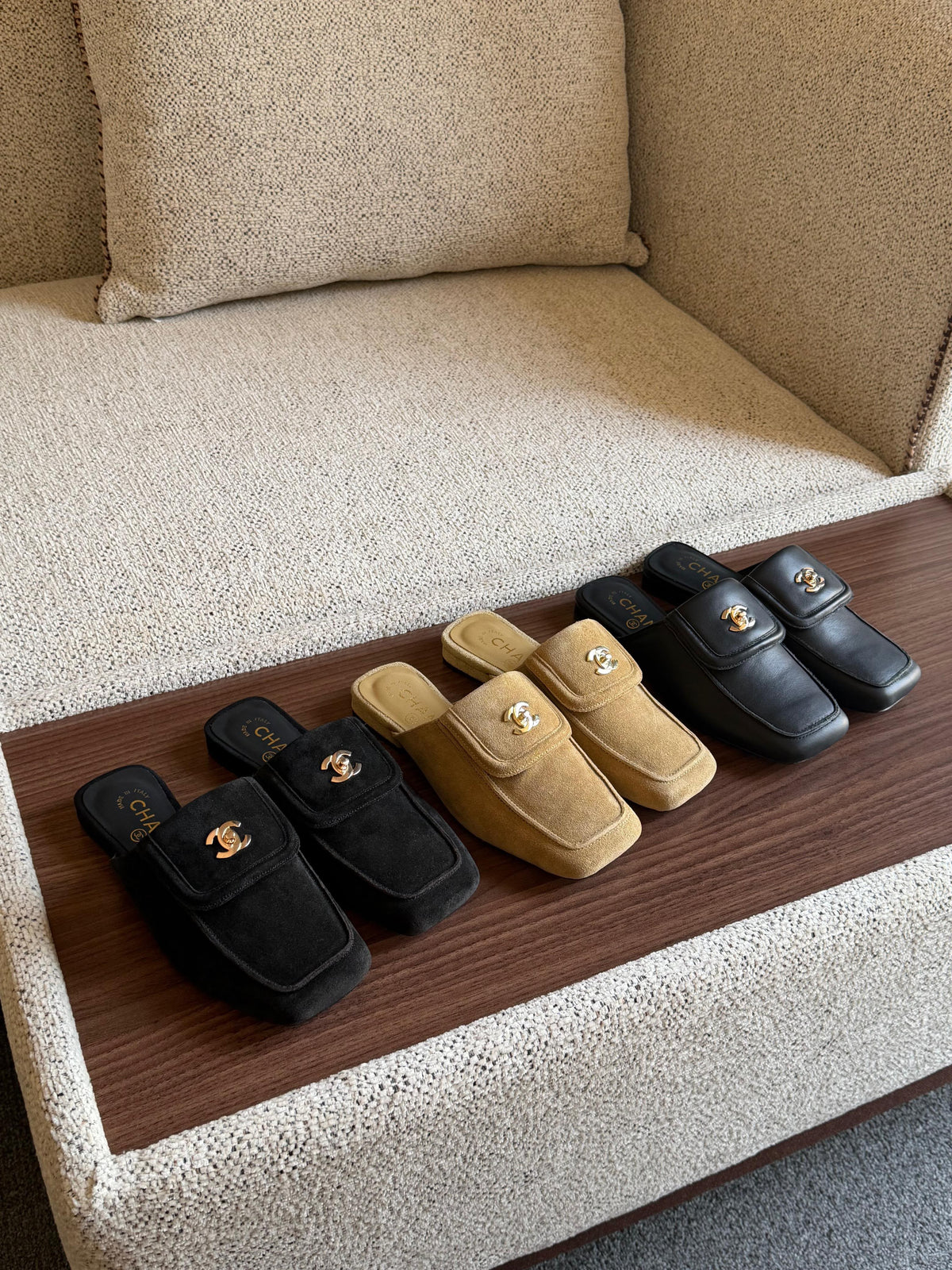 Chanel Suede CC Turn-Lock Mule Loafers