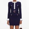 Self-Portrait Navy Flower Rib Knit Mini Dress