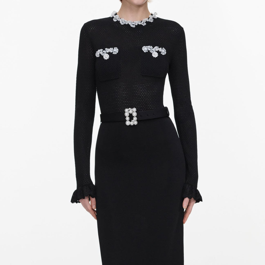 Self-Portrait Black Pearl Trim Knit Midi Dress