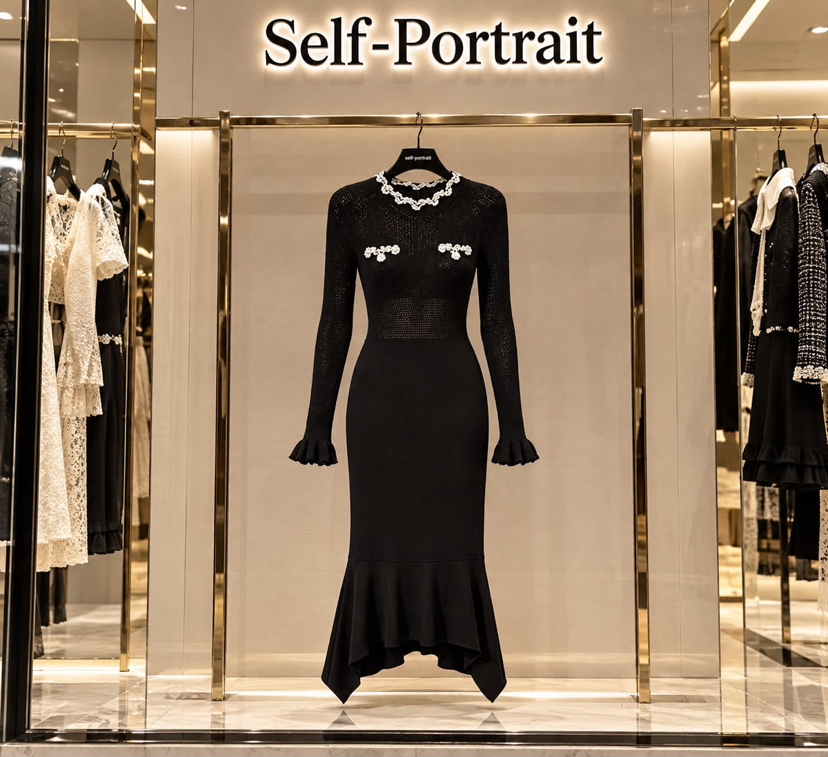 Self-Portrait Black Pearl Trim Knit Midi Dress