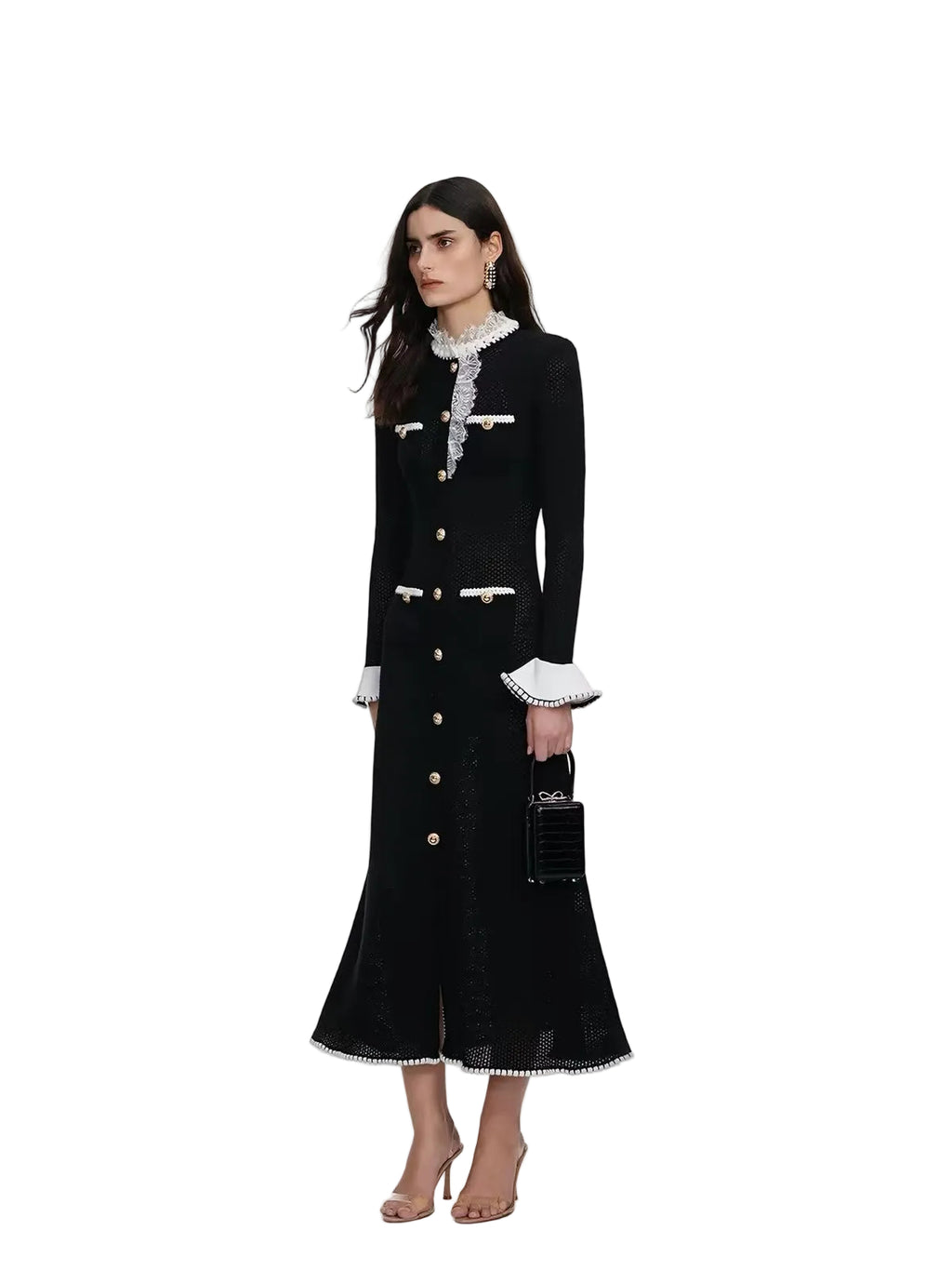 Self-Portrait Black Lace Trim Knit Midi Dress