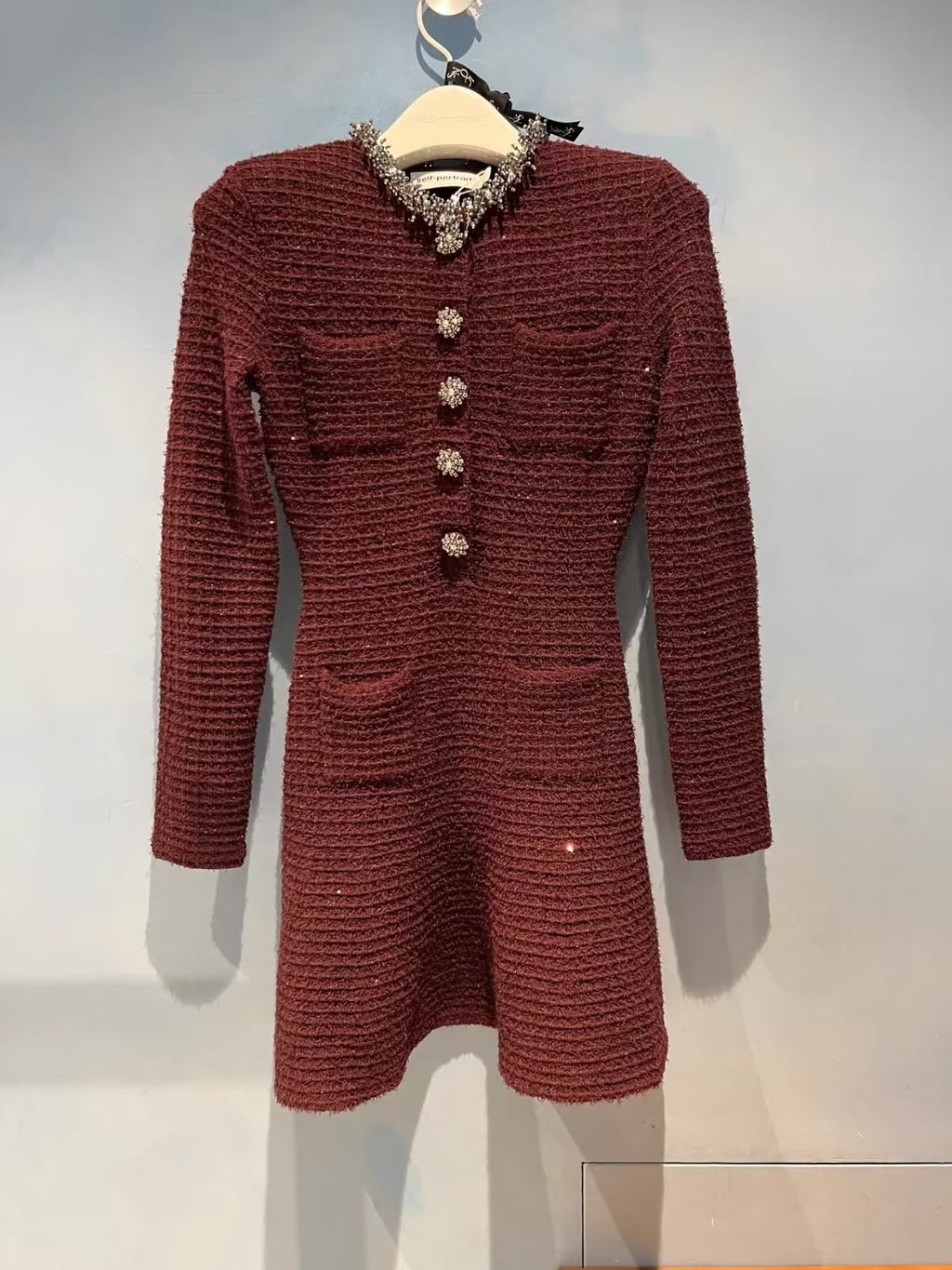 Self-Portrait Burgundy Textured Knit Embellished Mini Dress