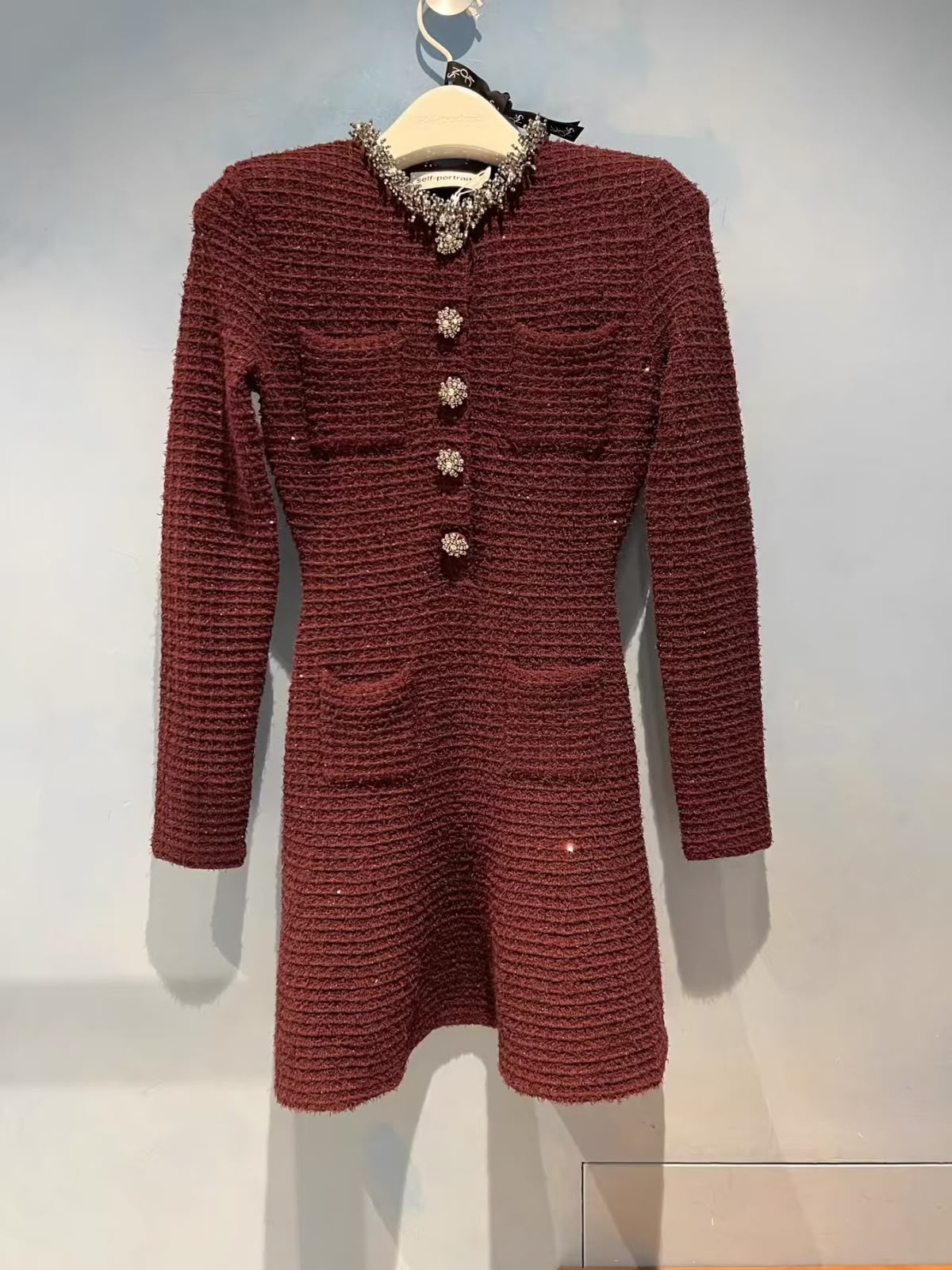 Self-Portrait Burgundy Textured Knit Embellished Mini Dress