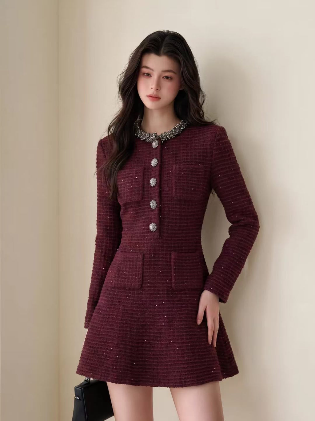 Self-Portrait Burgundy Textured Knit Embellished Mini Dress