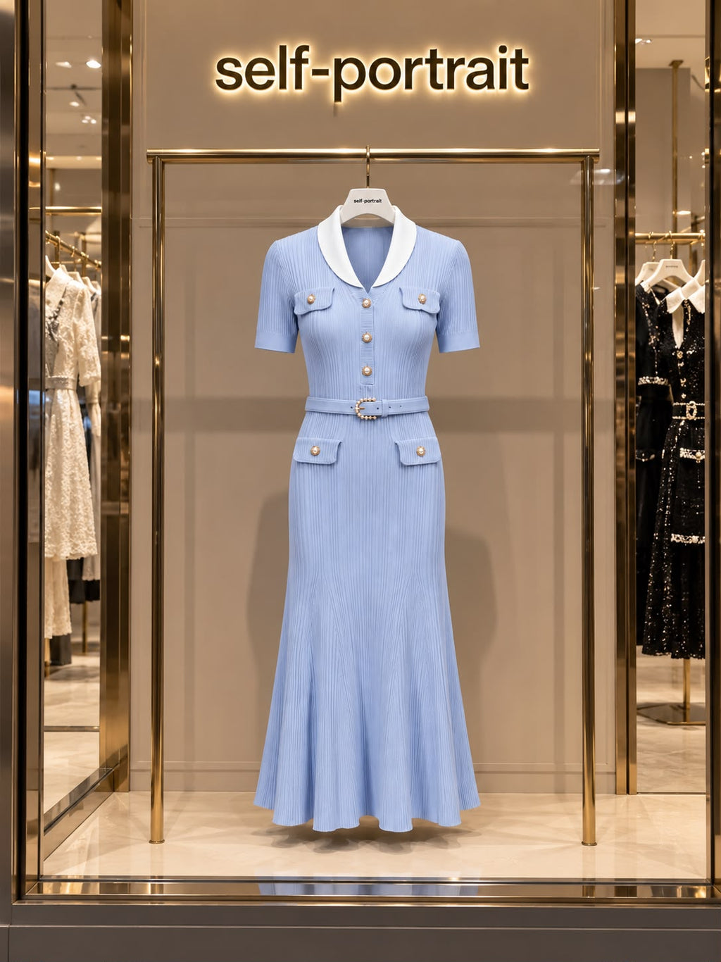 Self-Portrait Blue Ribbed Knit Midi Dress