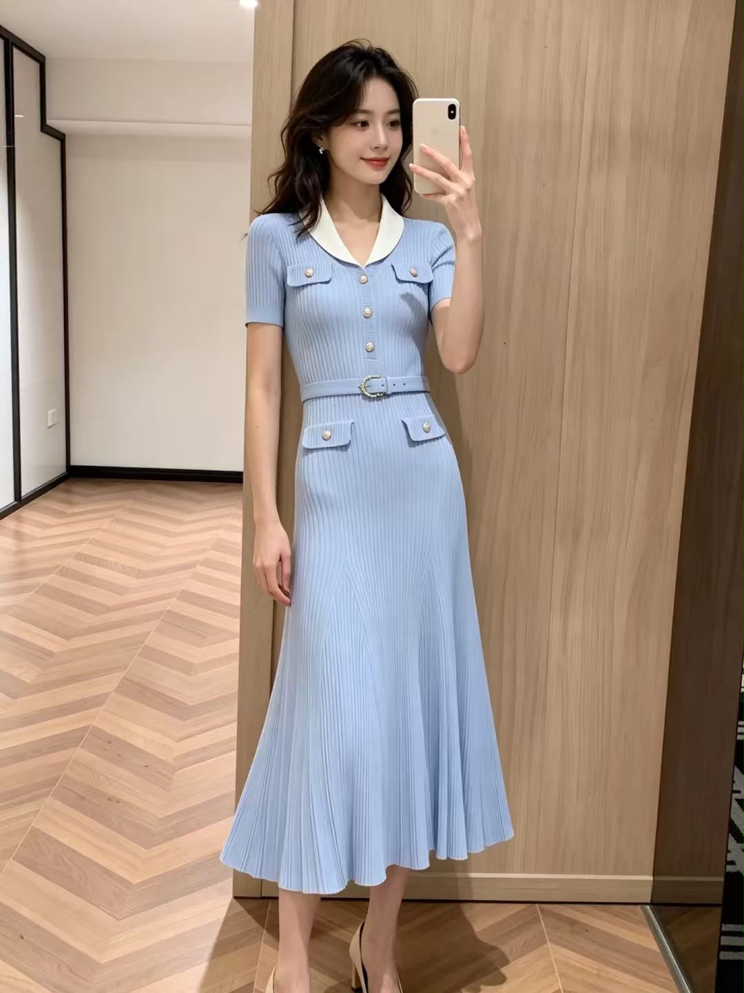 Self-Portrait Blue Ribbed Knit Midi Dress
