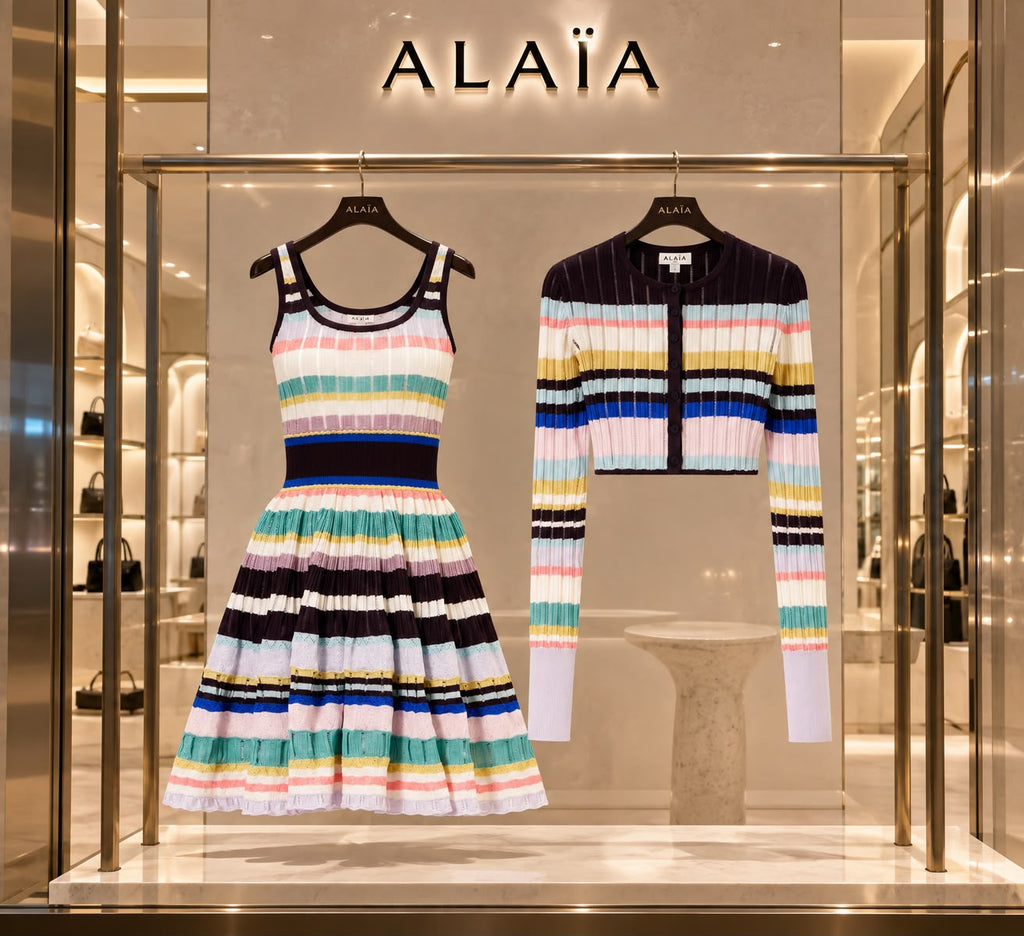 Alaia Striped Pointelle-Knit Mini Dress and Matching Cropped Cardigan Set