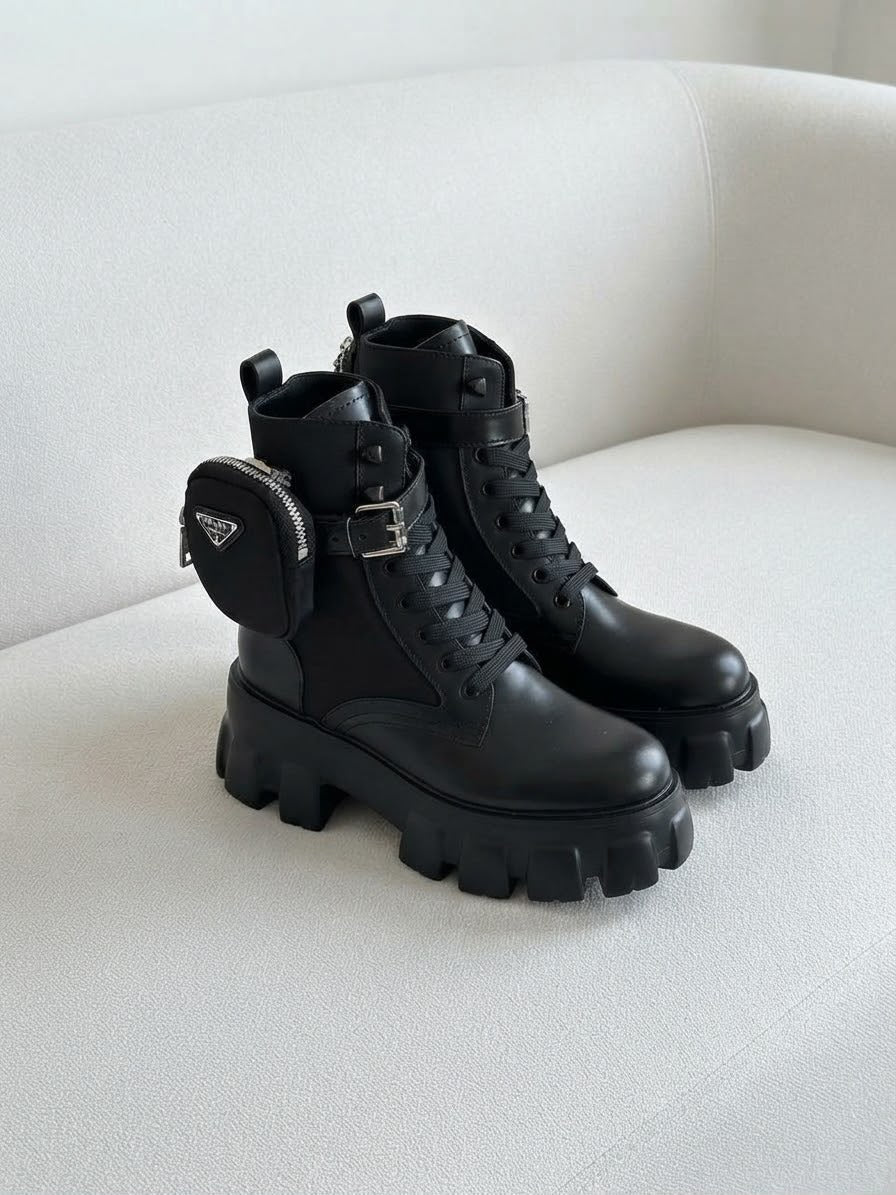 Prada Monolith Leather and Re-Nylon Boots with Pouch