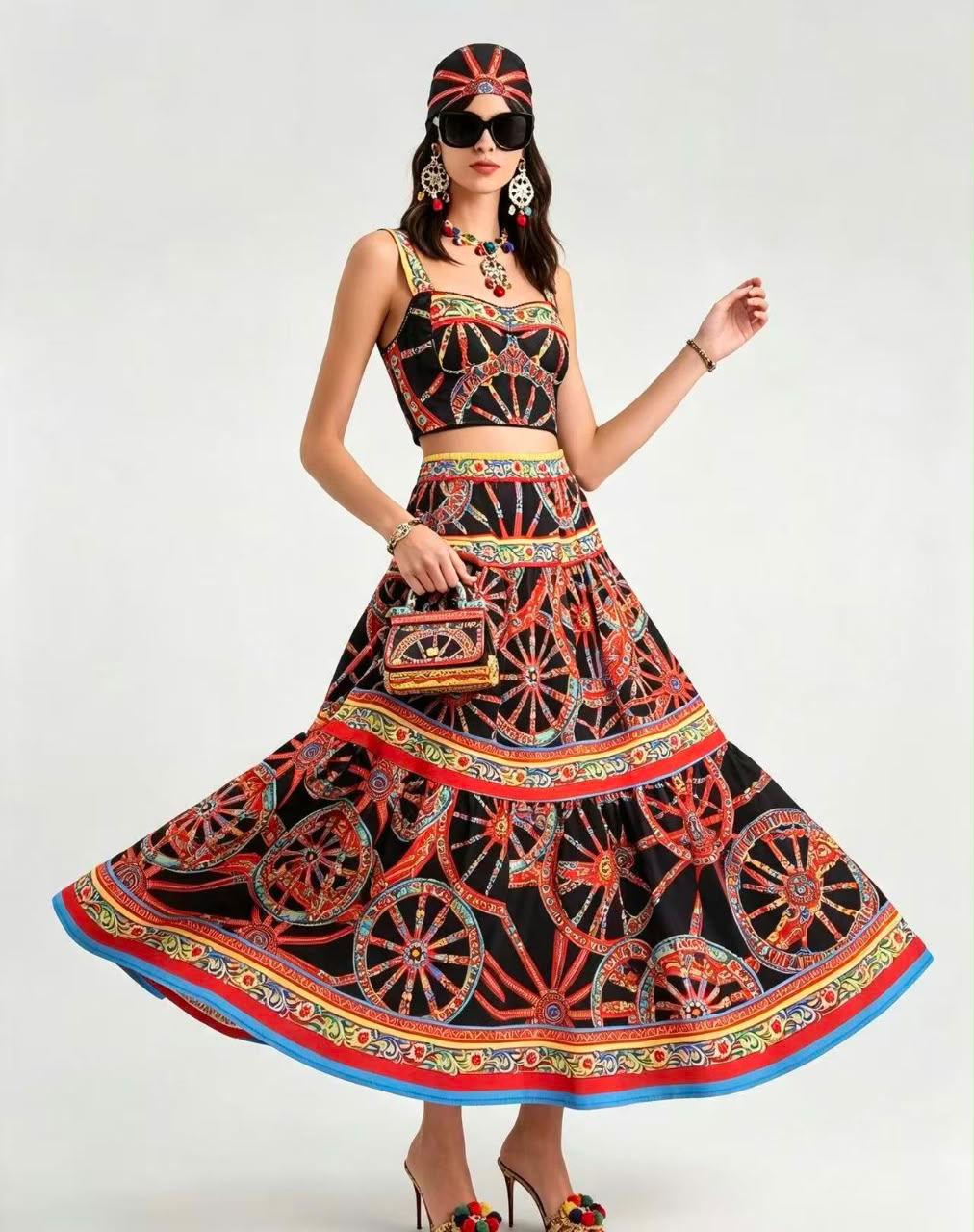 Dolce & Gabbana Carretto-Print Crop Top and Tiered Maxi Skirt Set