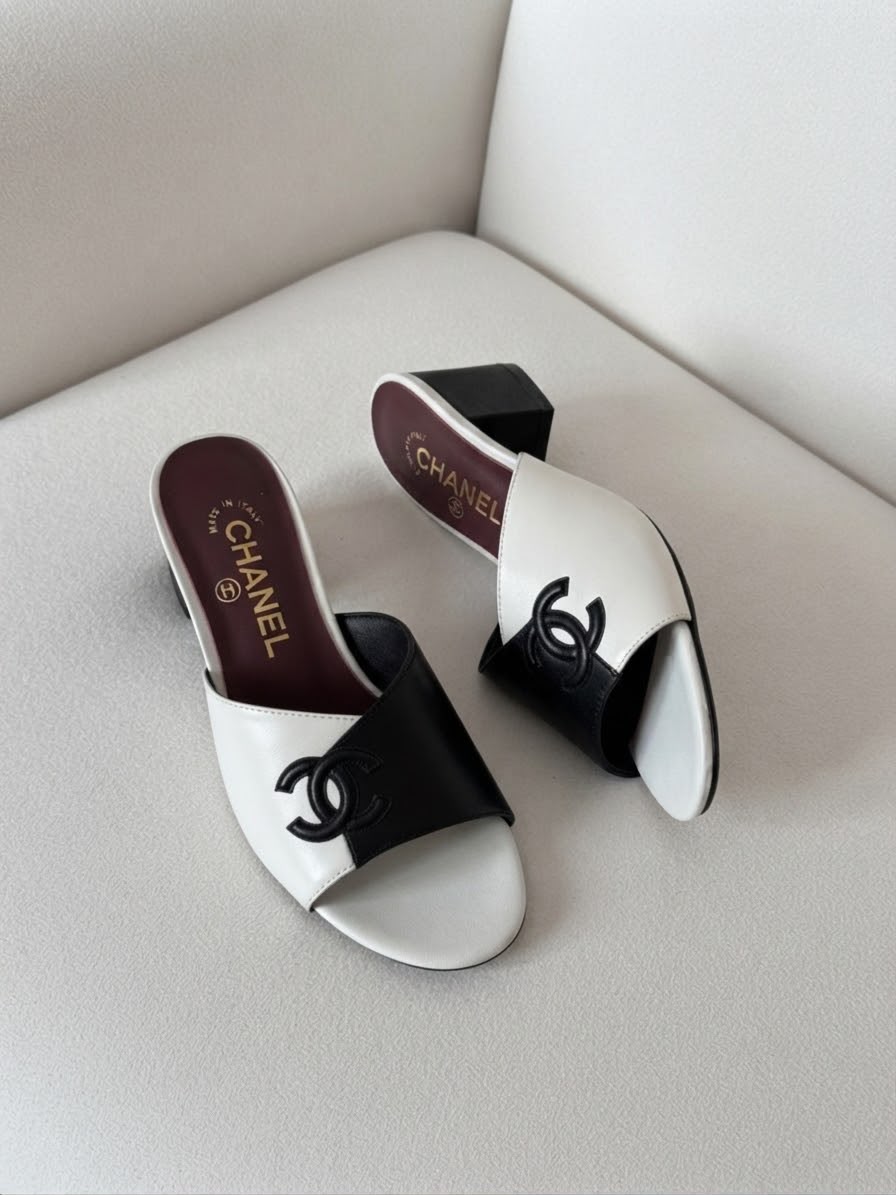 Chanel Two-Tone Block Heel Mule Sandals Leather