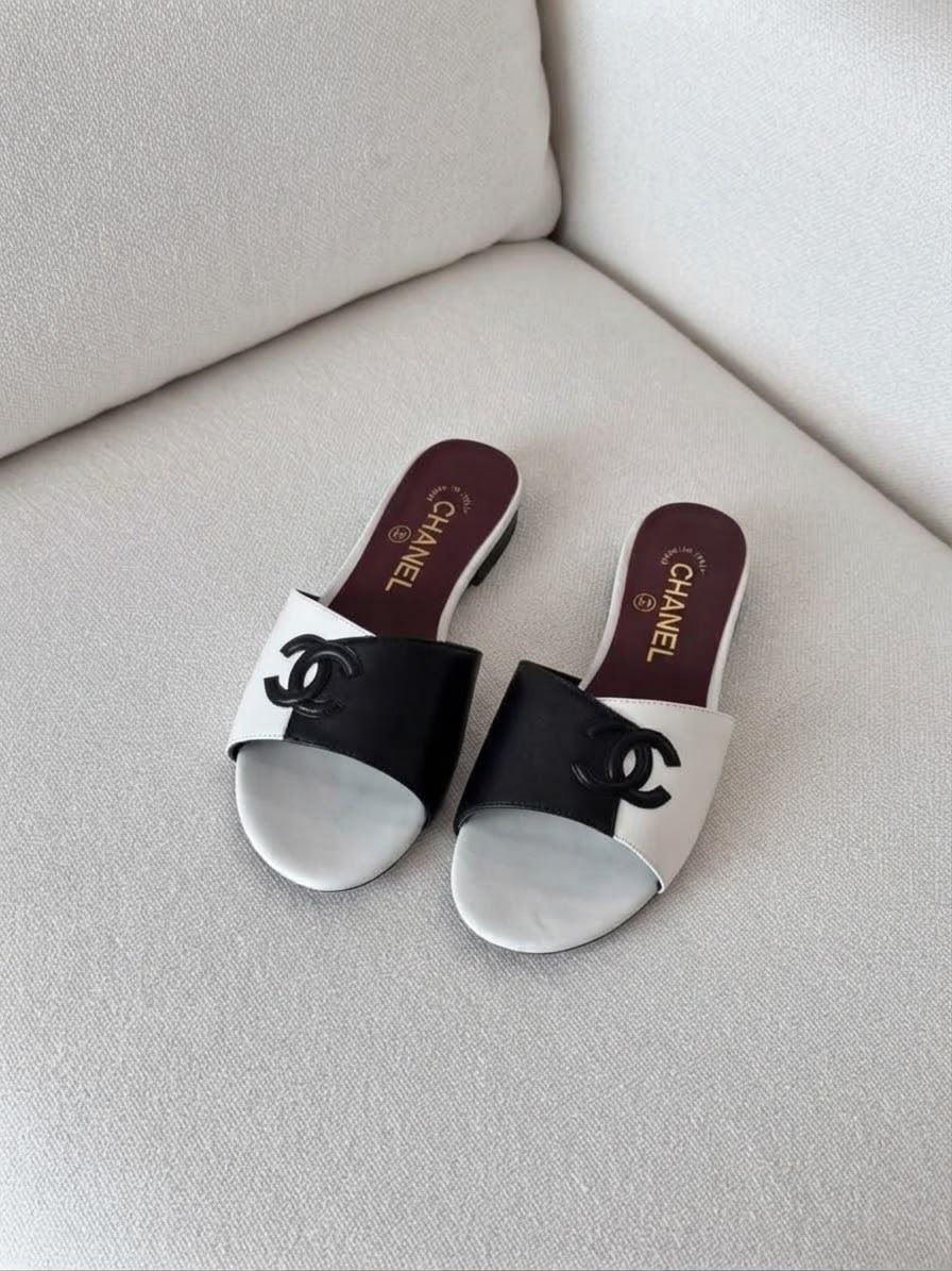 Chanel Two-Tone Block Flat Mule Sandals Leather