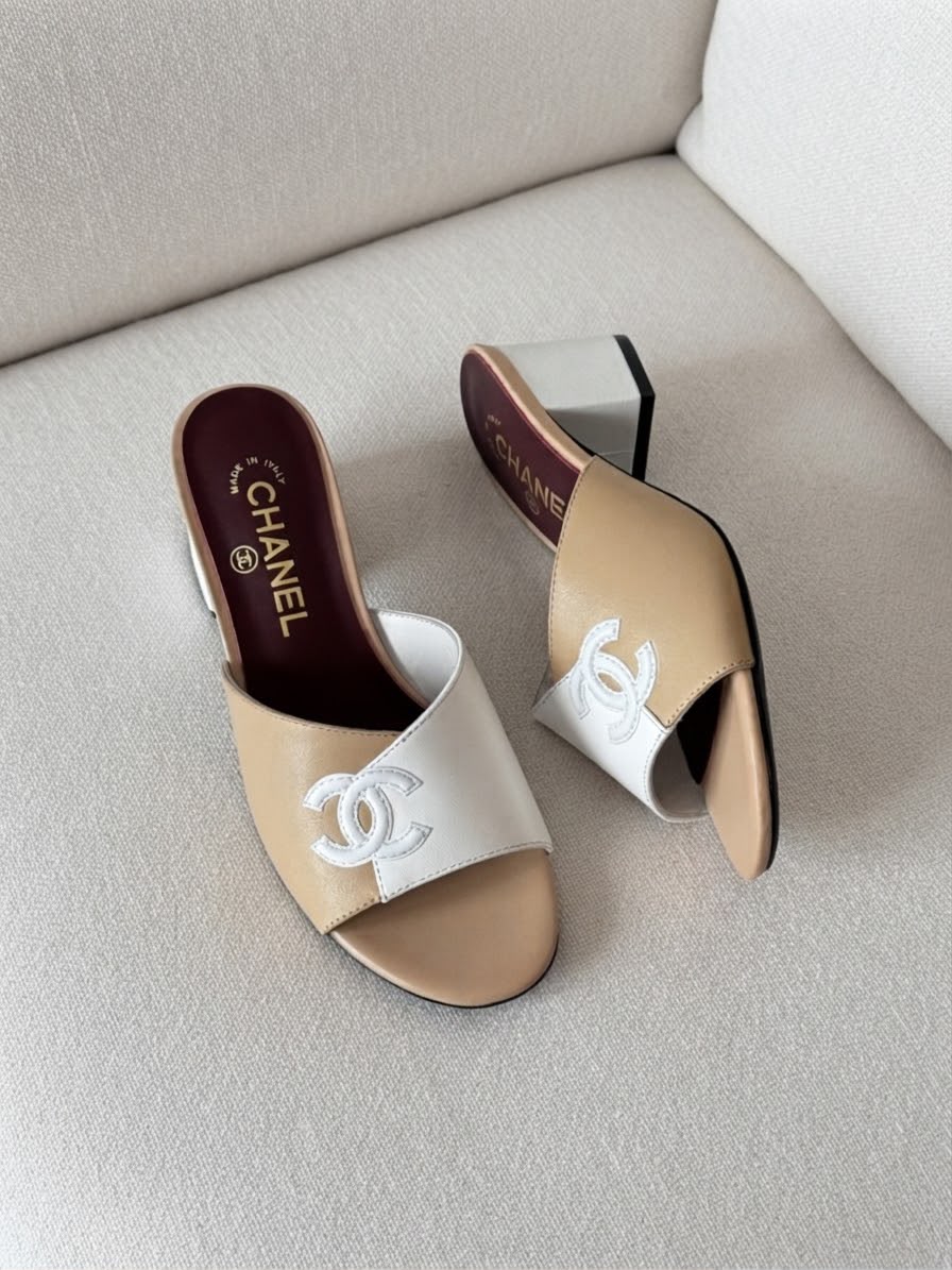 Chanel Two-Tone Block Heel Mule Sandals Leather