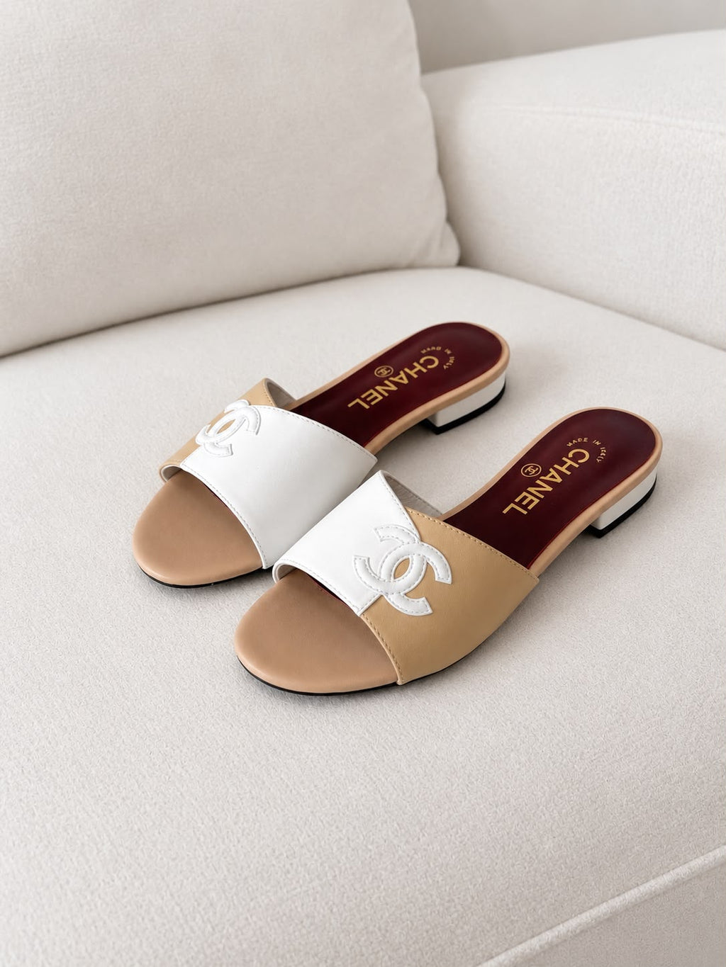 Chanel Two-Tone Block Flat Mule Sandals Leather