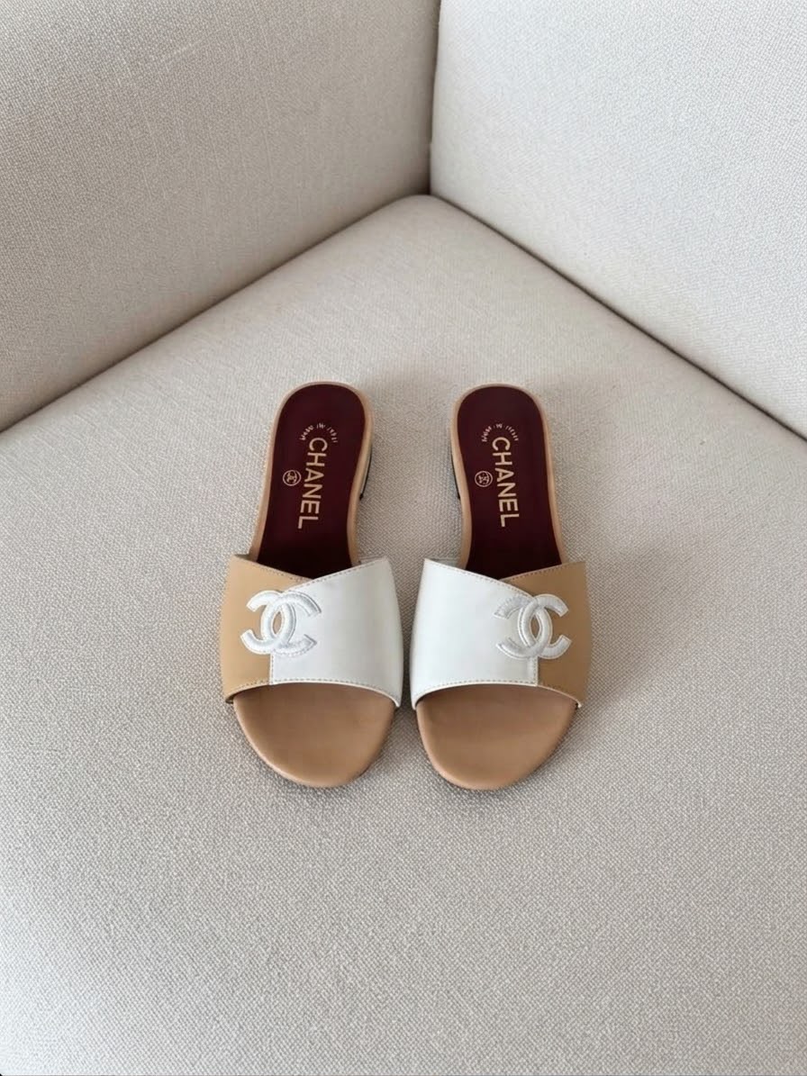 Chanel Two-Tone Block Flat Mule Sandals Leather