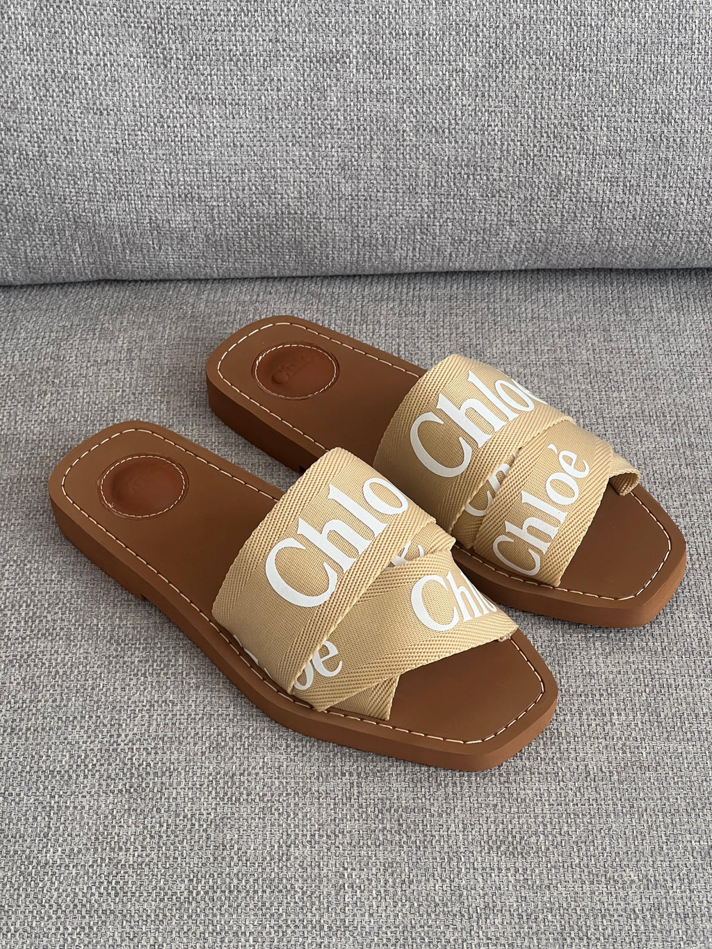 Chloe Woody Flat Ribbon Slides in Linen Canvas