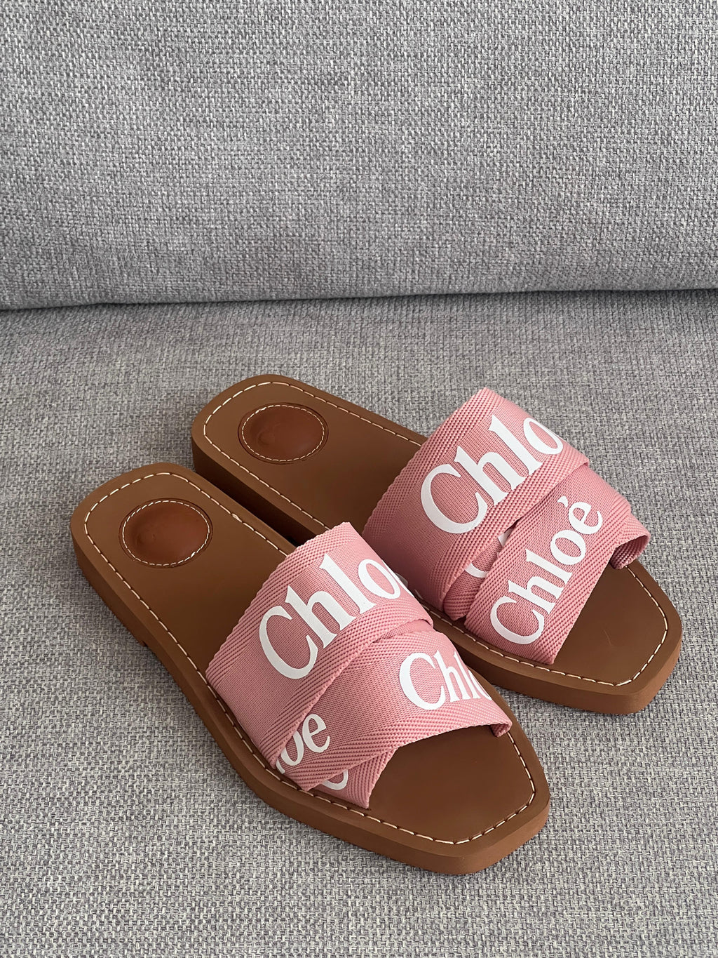 Chloe Woody Flat Ribbon Slides in Linen Canvas