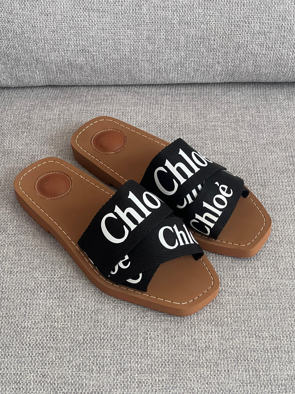 Chloe Woody Flat Ribbon Slides in Linen Canvas