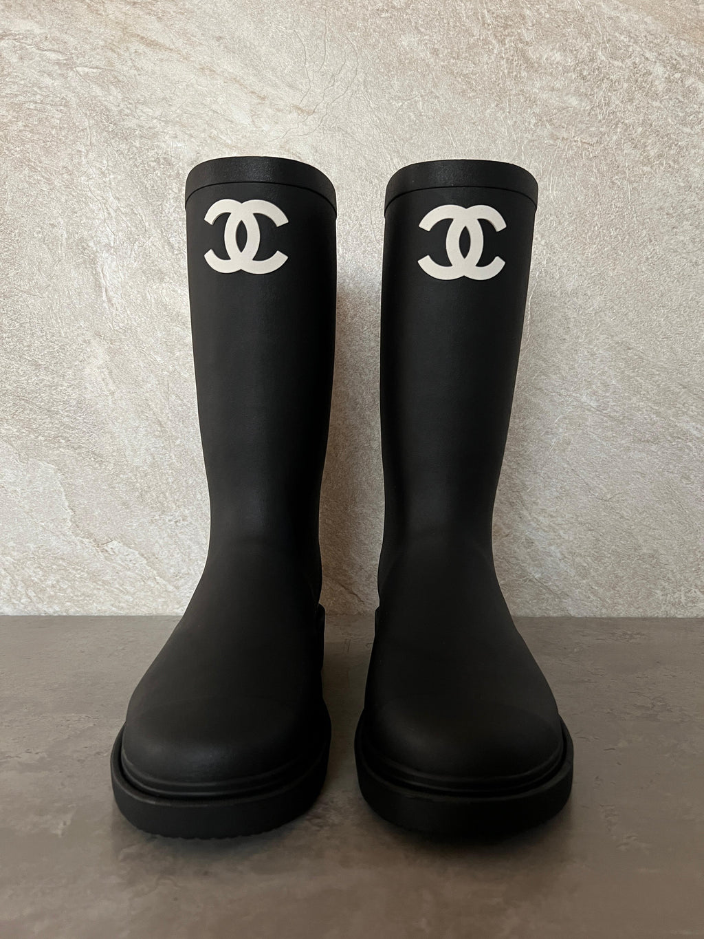 Chanel Beige Rubber CC High Rain Boots