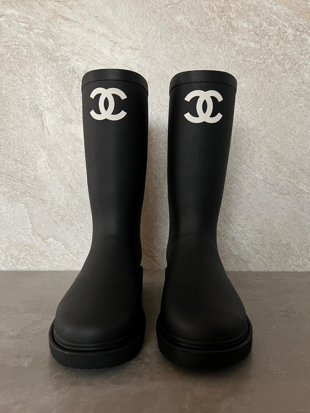 Chanel Beige Rubber CC High Rain Boots