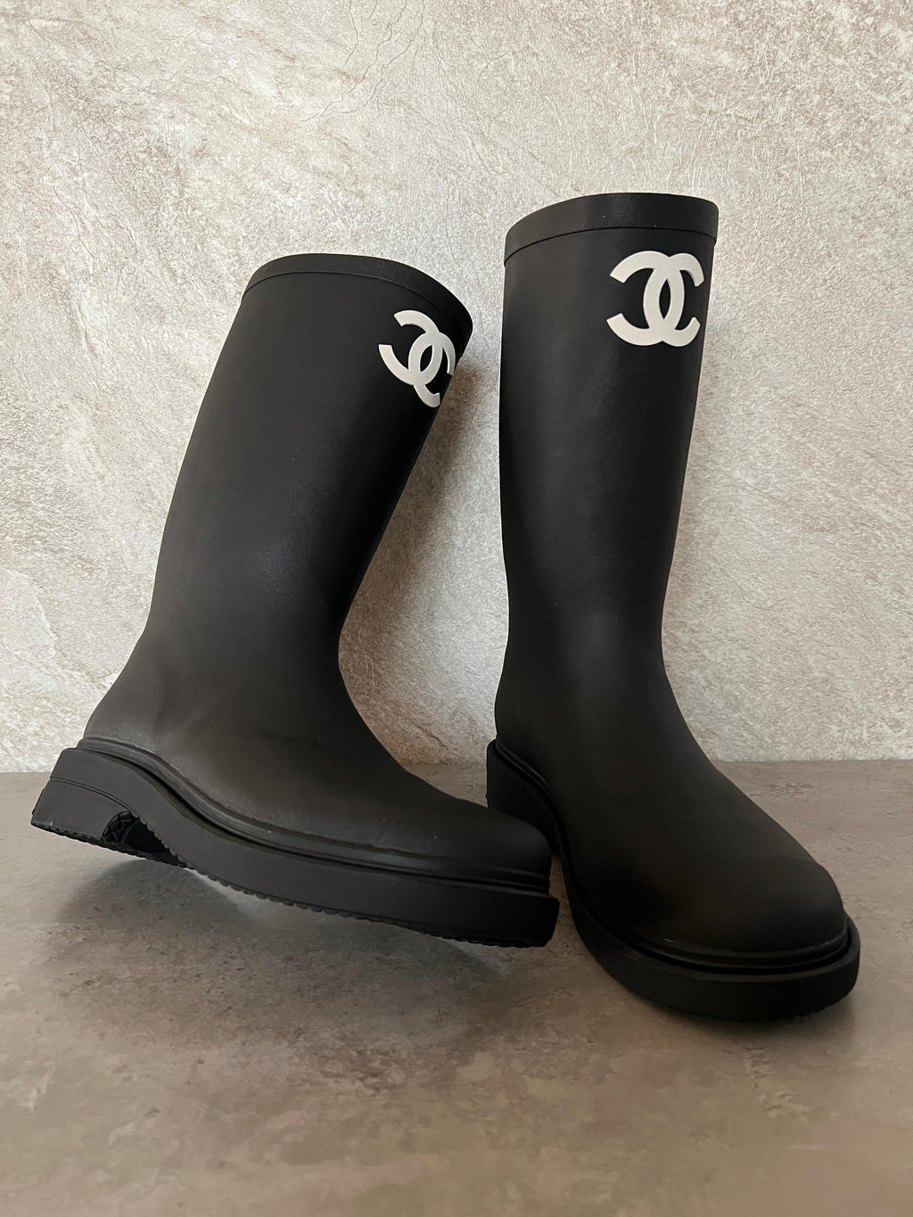 Chanel Beige Rubber CC High Rain Boots
