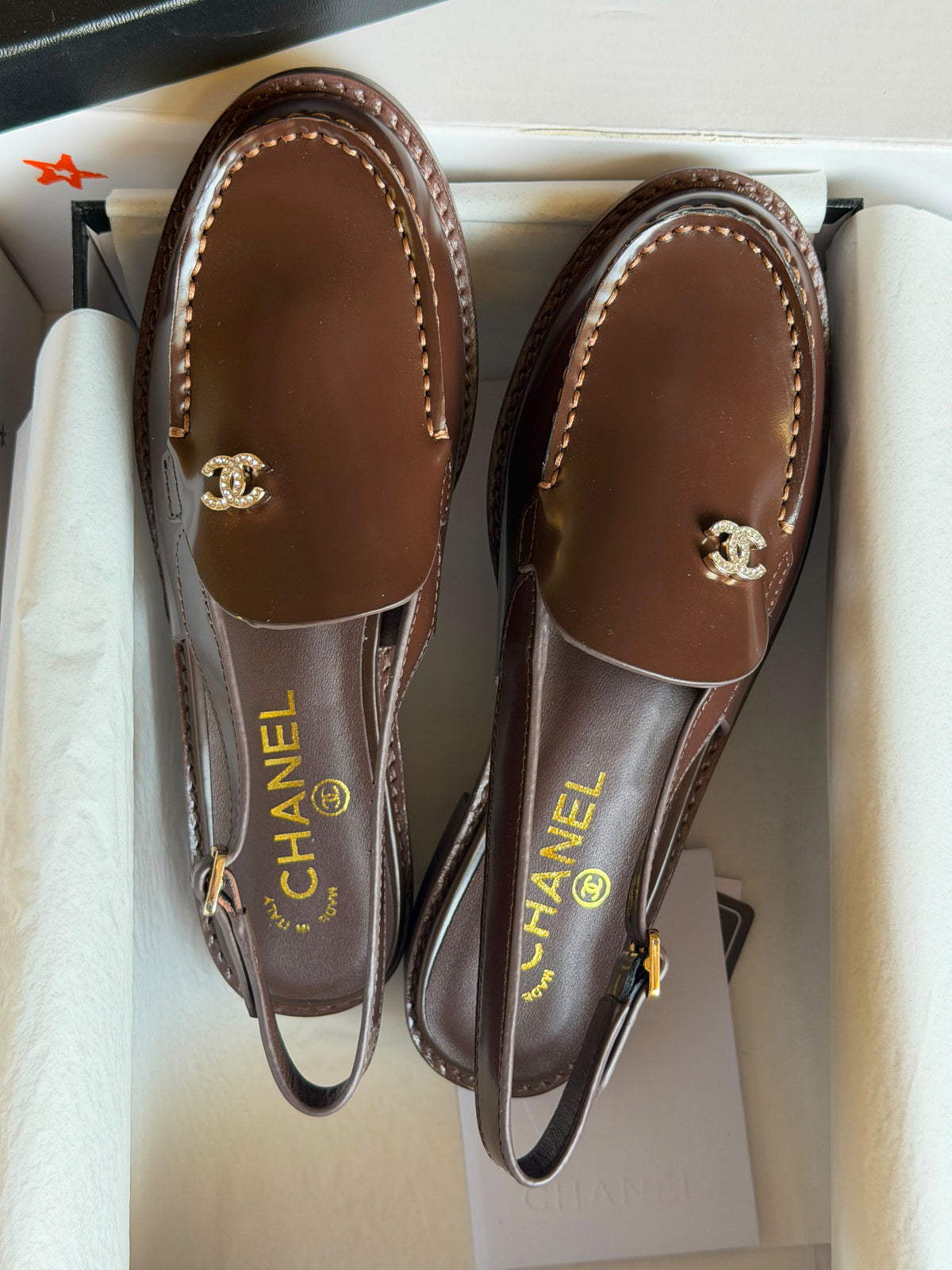 Chanel Burgundy Calfskin Crystal CC Slingback Loafers