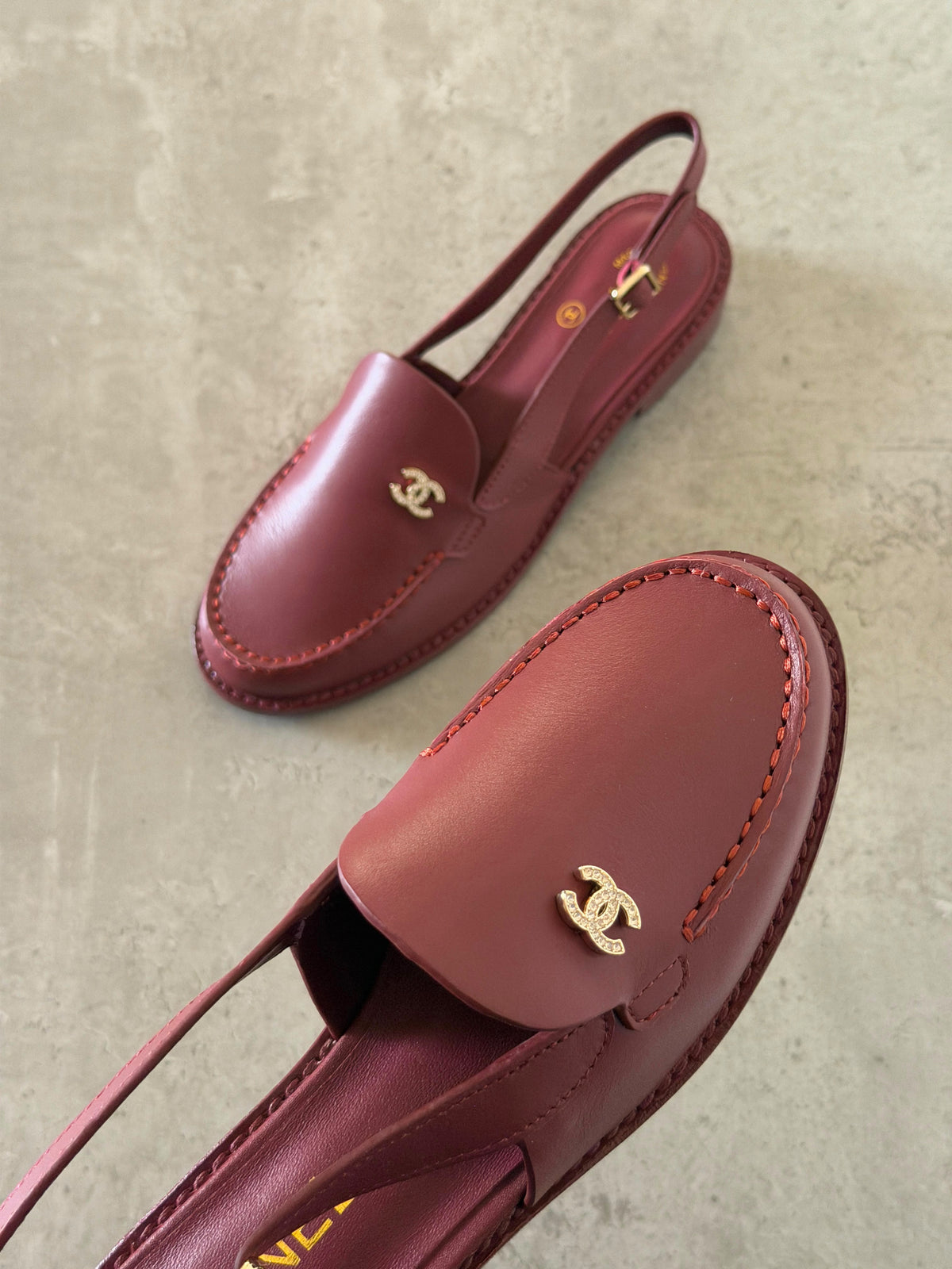 Chanel Burgundy Calfskin Crystal CC Slingback Loafers