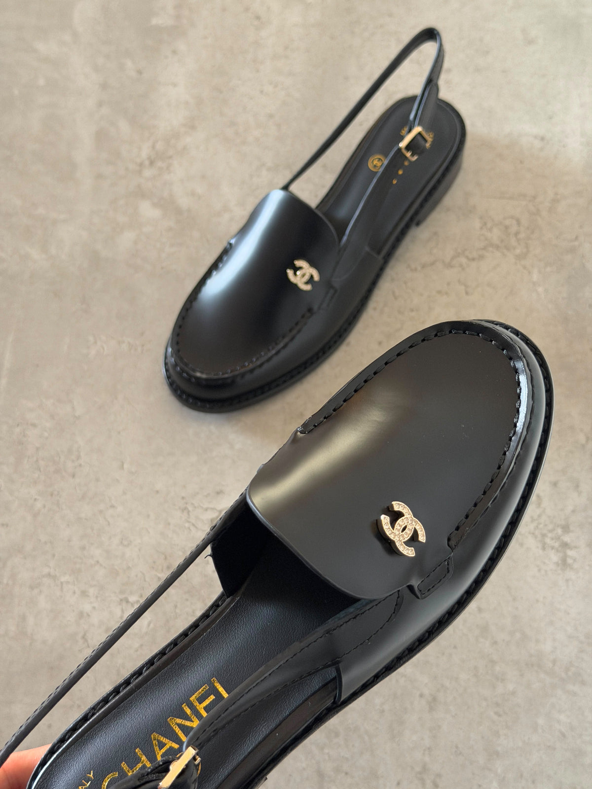 Chanel Burgundy Calfskin Crystal CC Slingback Loafers