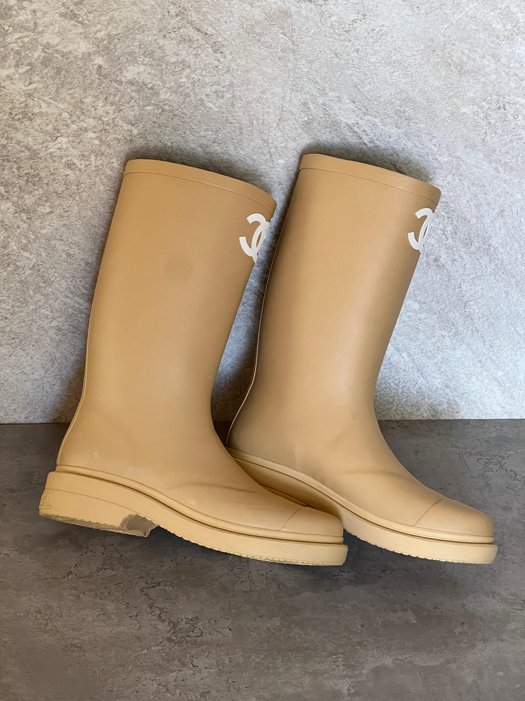 Chanel Beige Rubber CC High Rain Boots