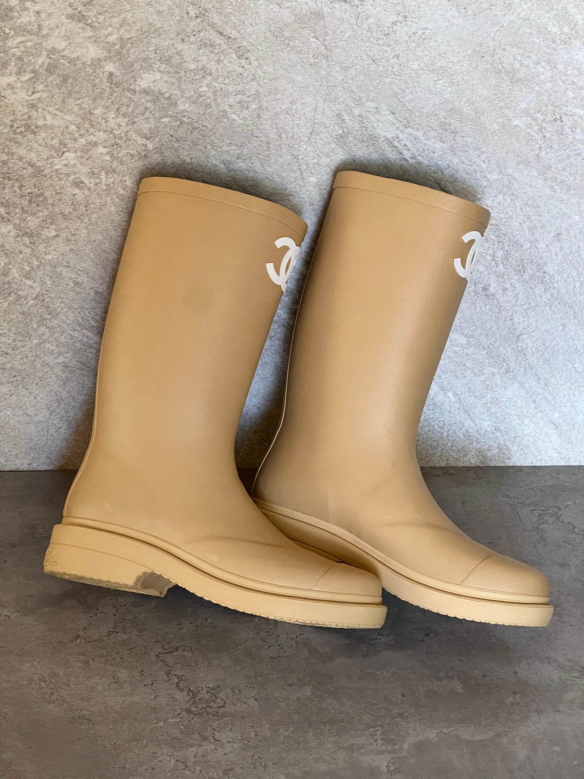 Chanel Beige Rubber CC High Rain Boots
