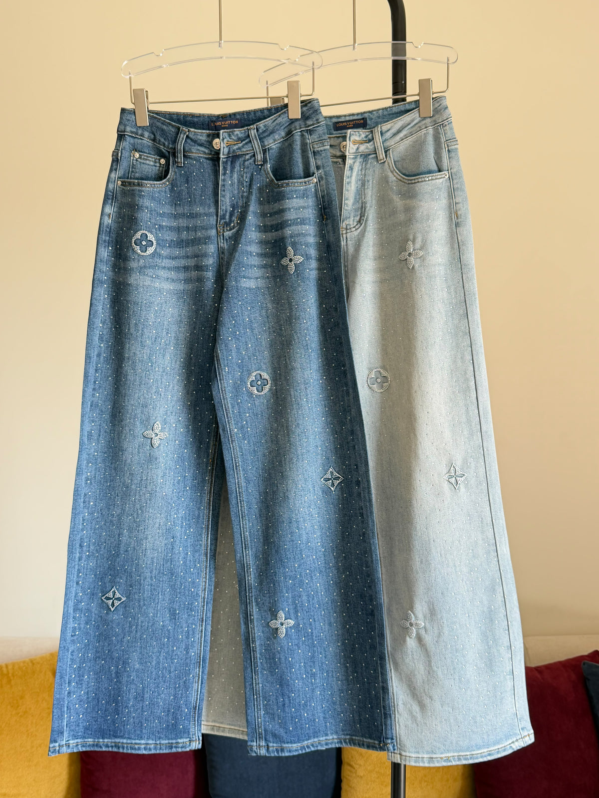 Louis Vuitton Monogram Flower Strass High-Rise Wide-Leg Jeans
