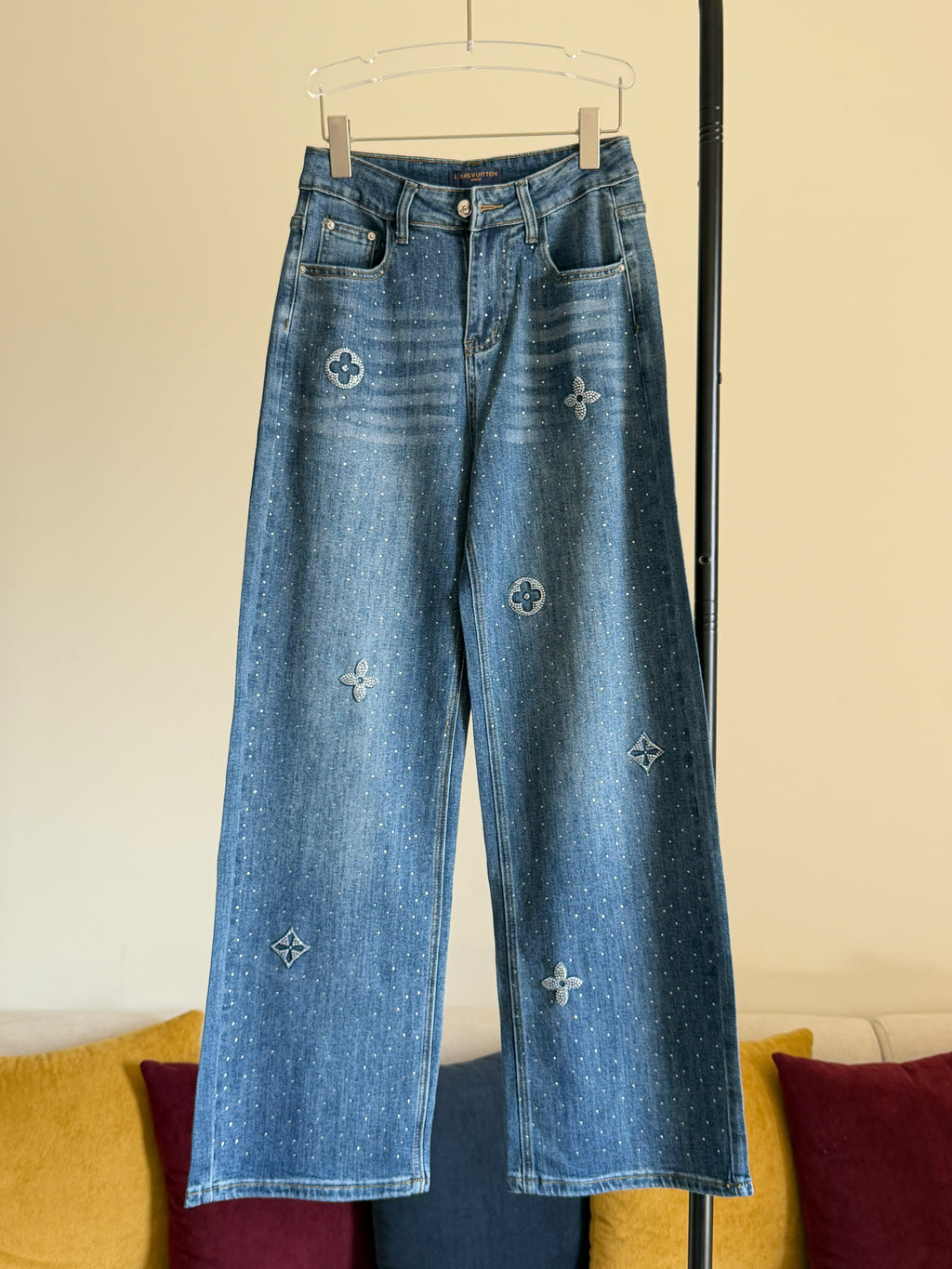 Louis Vuitton Monogram Flower Strass High-Rise Wide-Leg Jeans