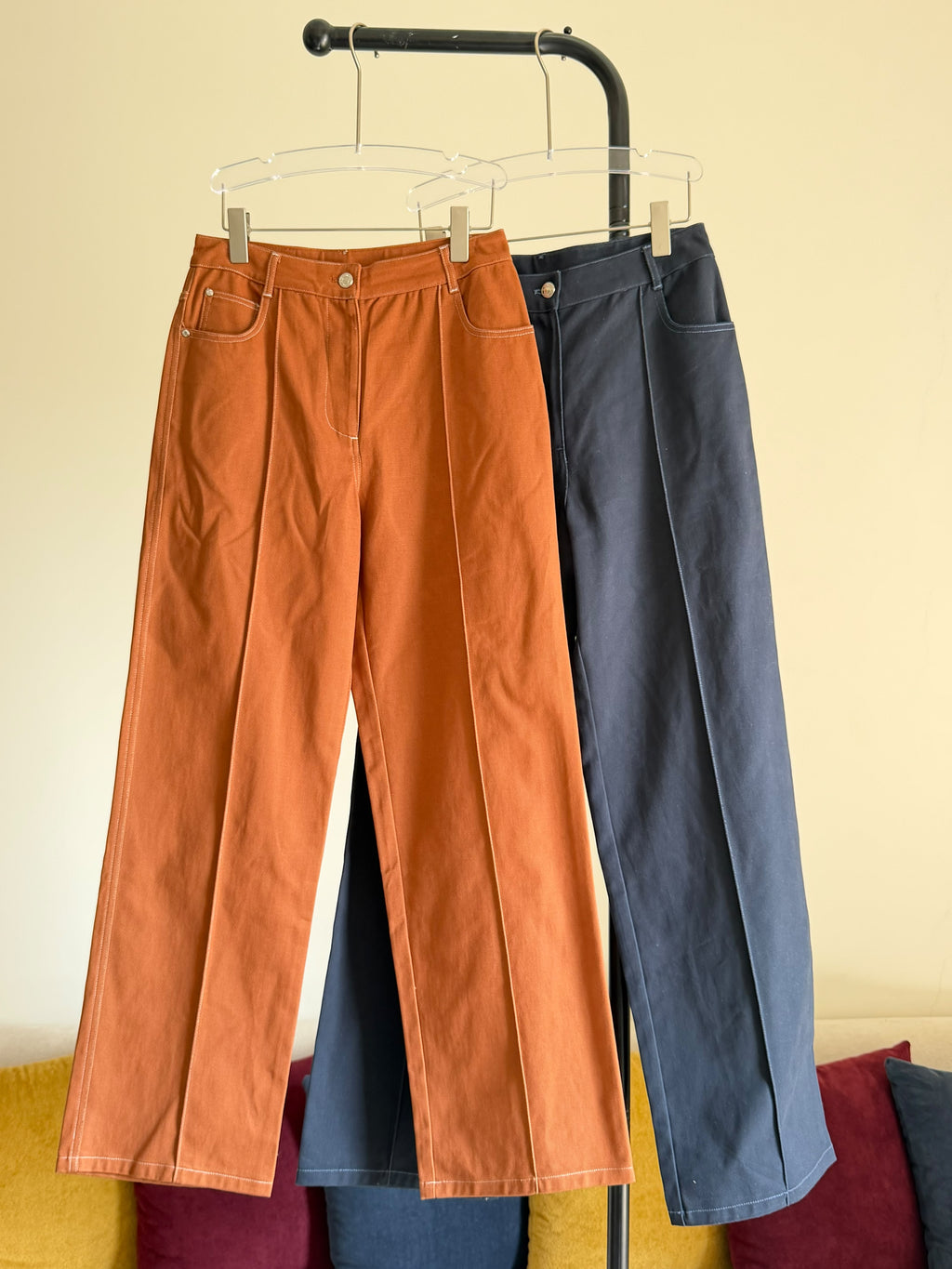 Hermes High-Waisted Wide-Leg Pants in Double Cotton Twill with Contrast Topstitching