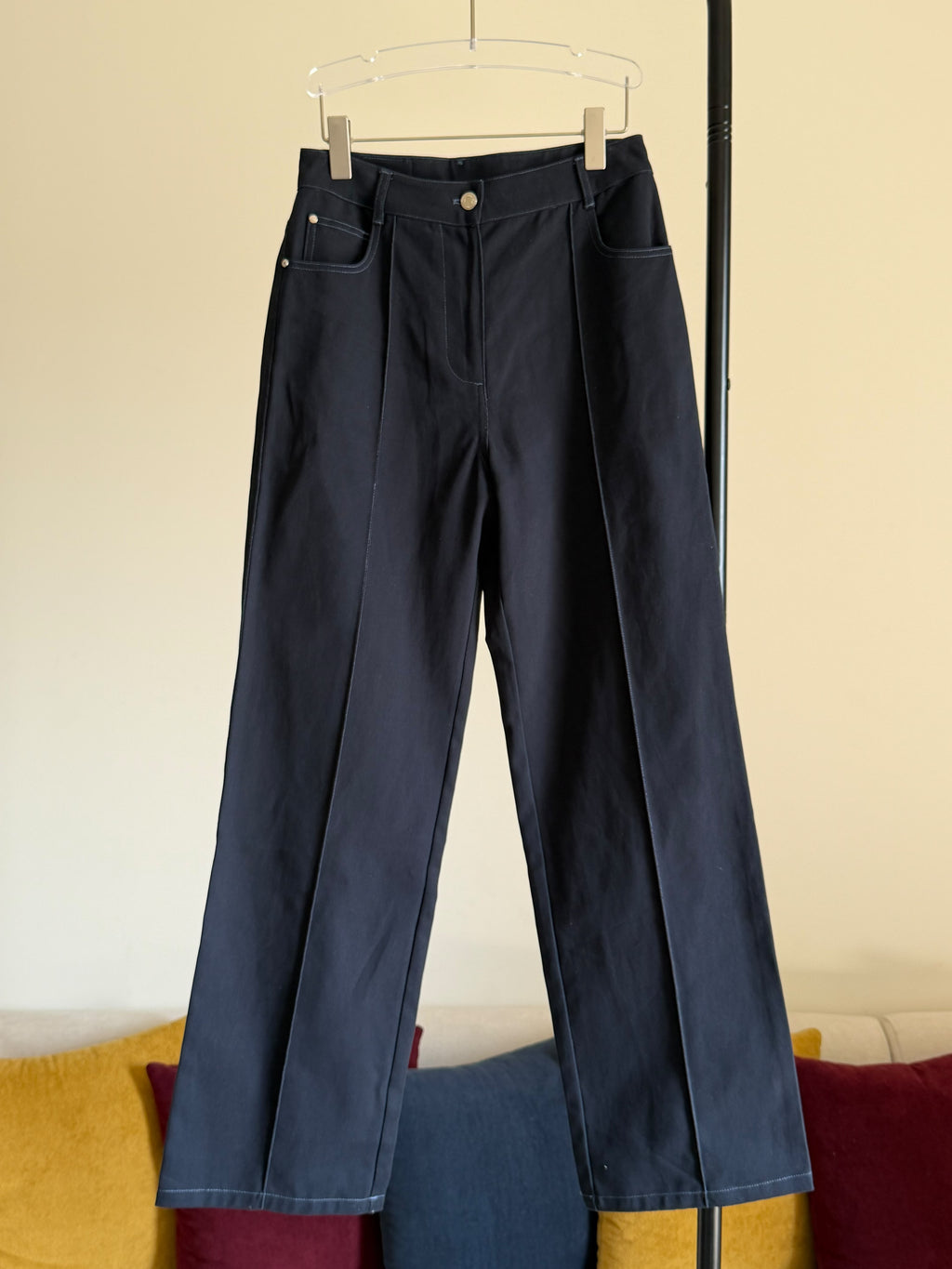 Hermes High-Waisted Wide-Leg Pants in Double Cotton Twill with Contrast Topstitching
