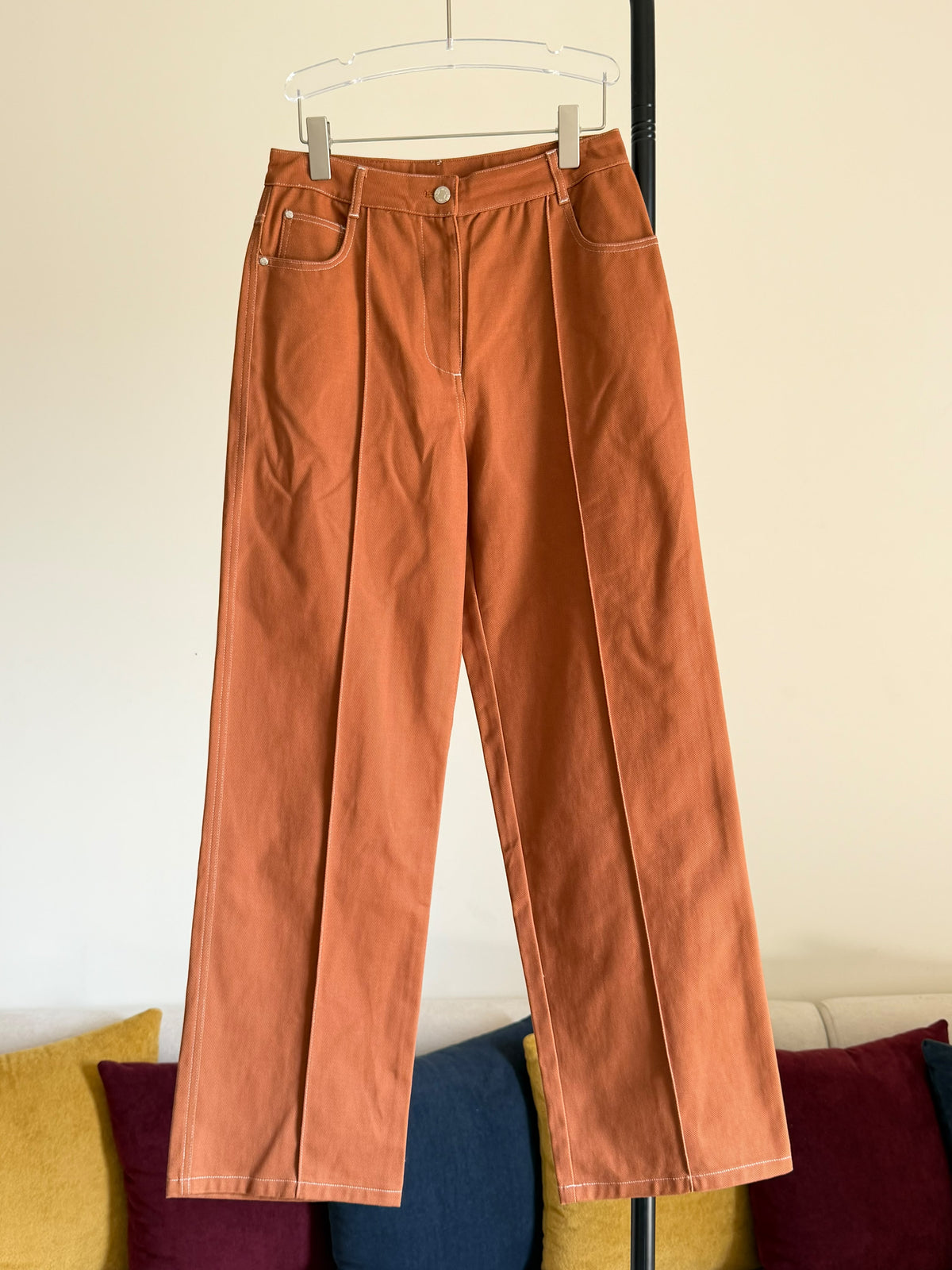 Hermes High-Waisted Wide-Leg Pants in Double Cotton Twill with Contrast Topstitching
