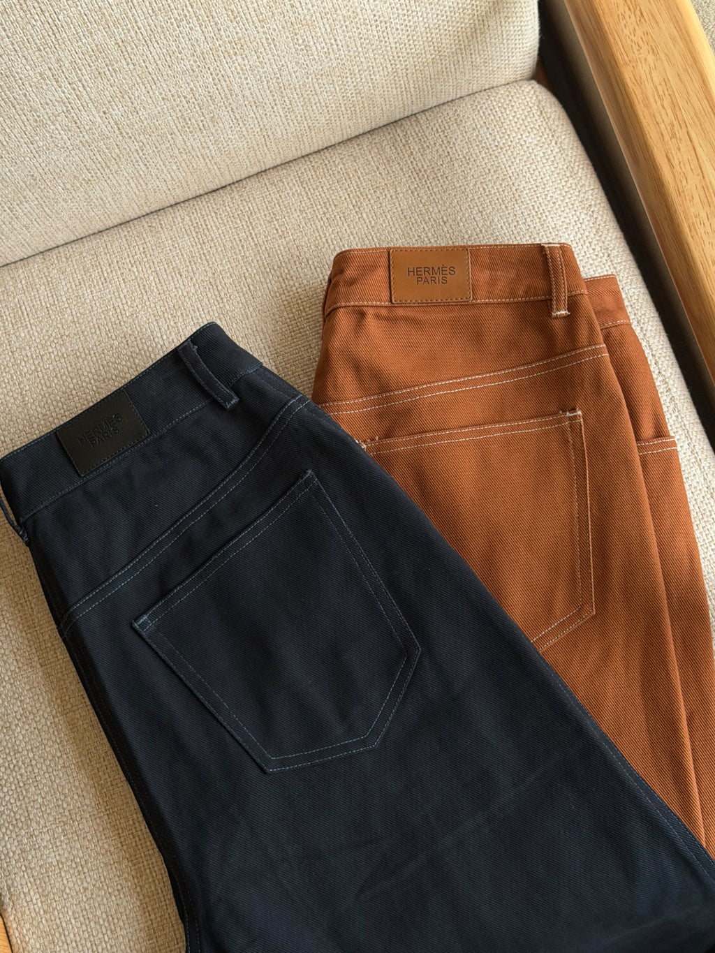 Hermes High-Waisted Wide-Leg Pants in Double Cotton Twill with Contrast Topstitching
