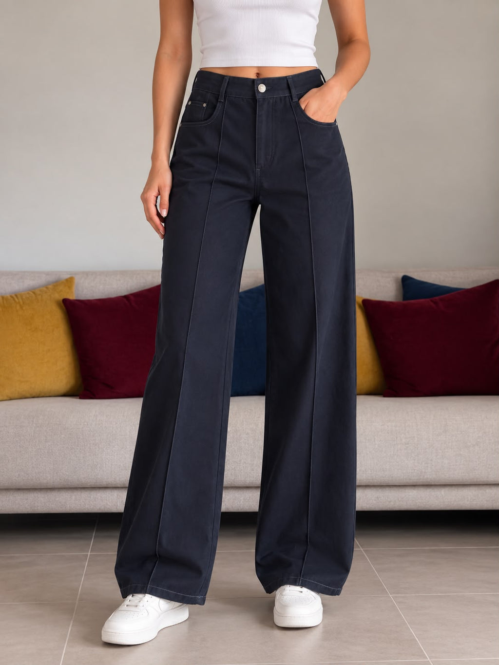 Hermes High-Waisted Wide-Leg Pants in Double Cotton Twill with Contrast Topstitching