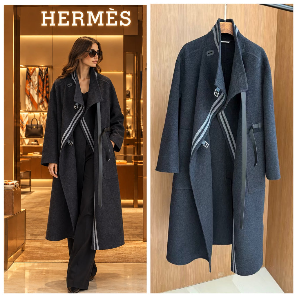 Hermes Double-Faced Cashmere Wrap Coat with Stripe Details and Leather Straps