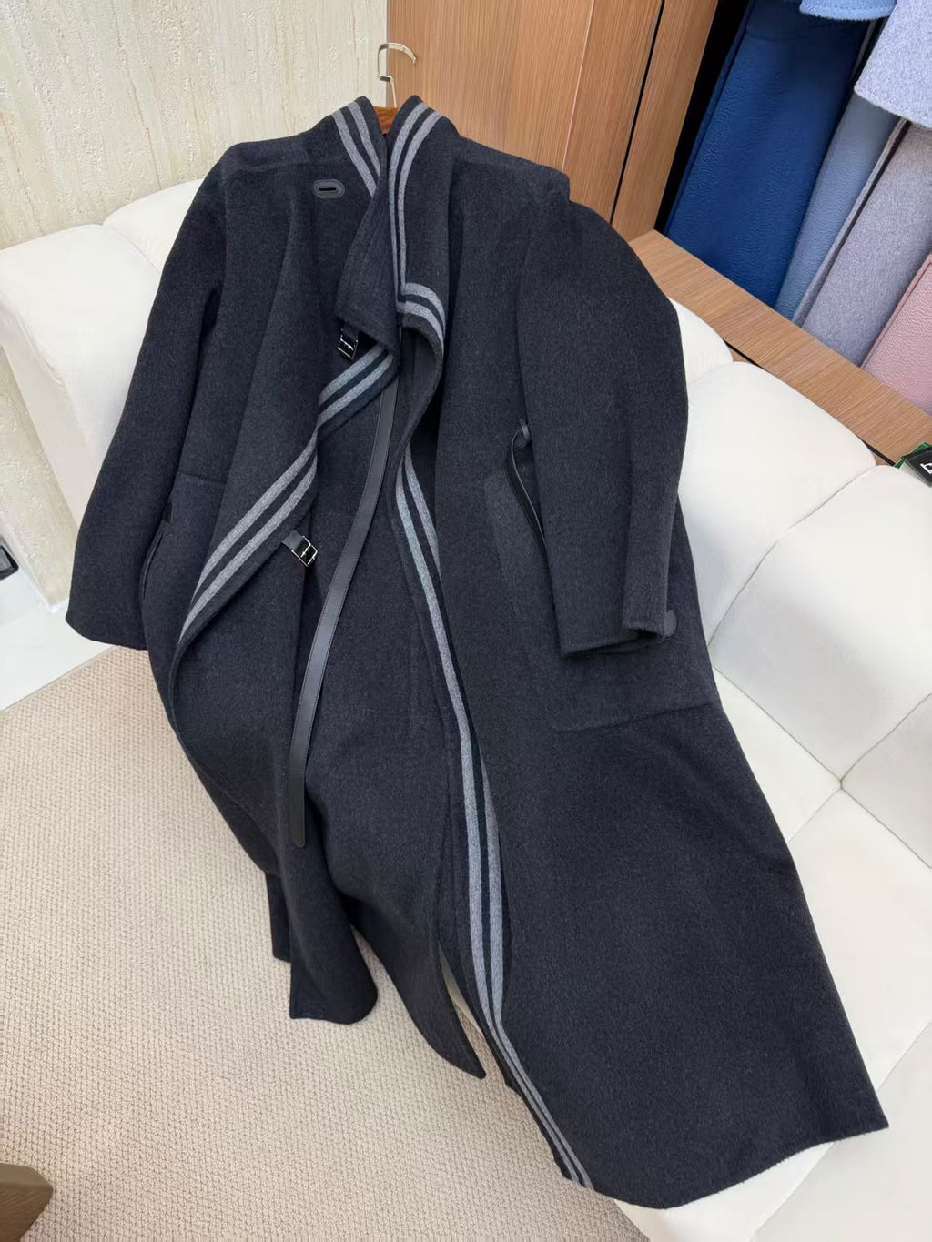 Hermes Double-Faced Cashmere Wrap Coat with Stripe Details and Leather Straps