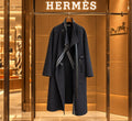 Hermes Double-Faced Cashmere Wrap Coat with Stripe Details and Leather Straps