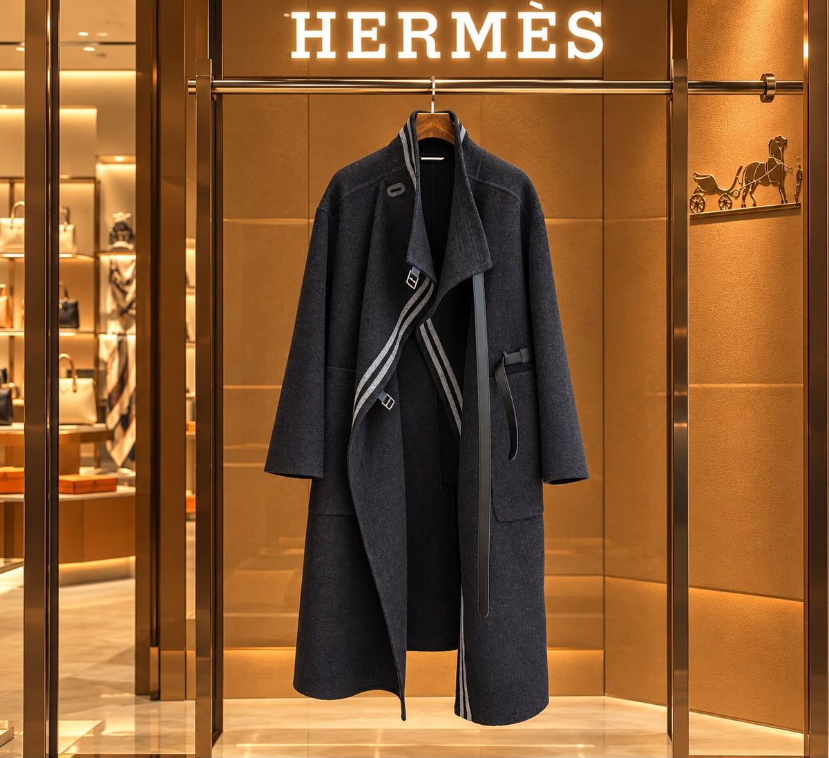 Hermes Double-Faced Cashmere Wrap Coat with Stripe Details and Leather Straps