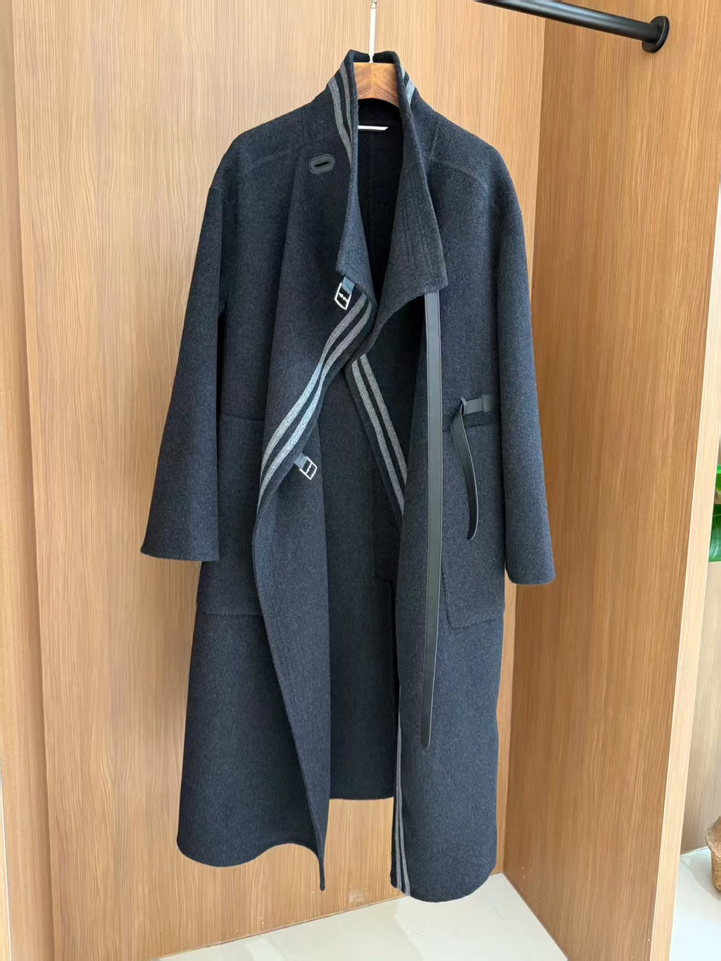Hermes Double-Faced Cashmere Wrap Coat with Stripe Details and Leather Straps