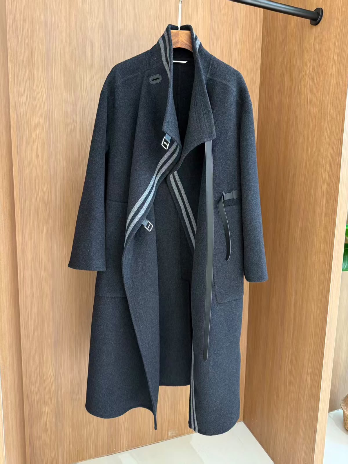 Hermes Double-Faced Cashmere Wrap Coat with Stripe Details and Leather Straps