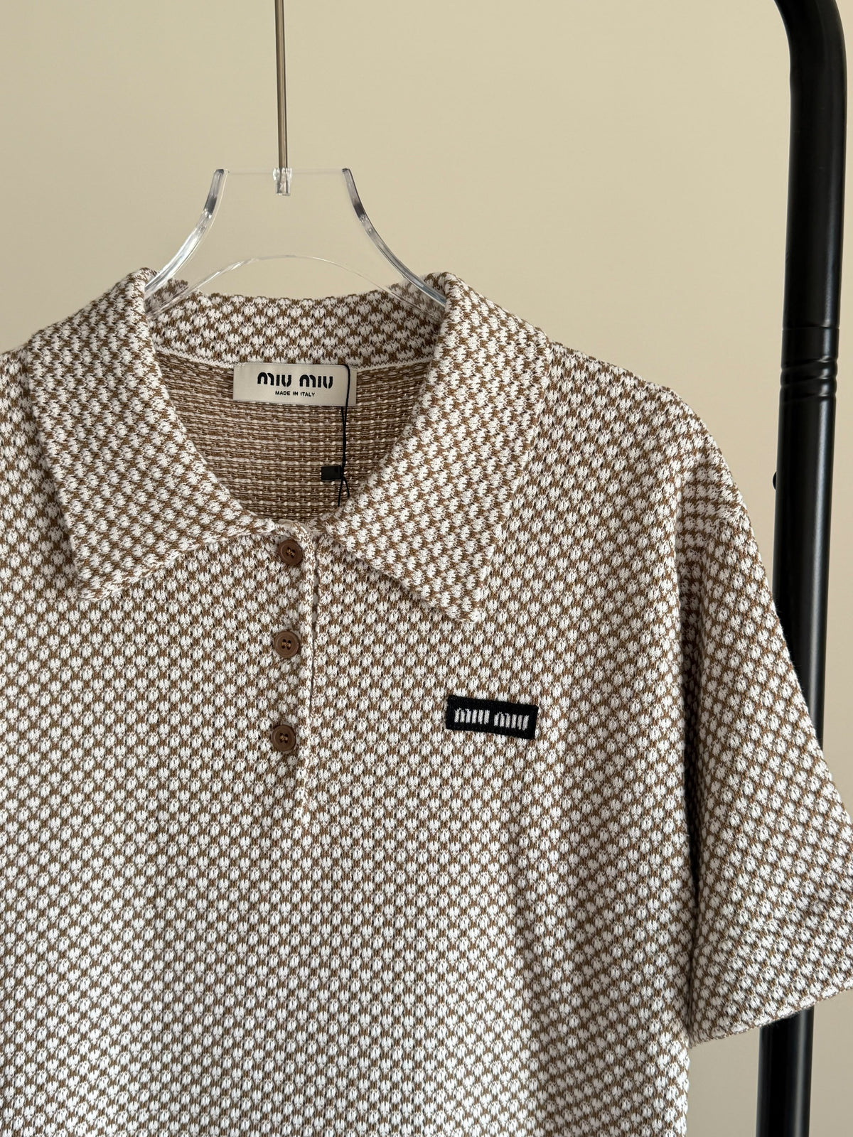 Miu Miu Camel Brown Cropped Cotton Jacquard Polo Shirt