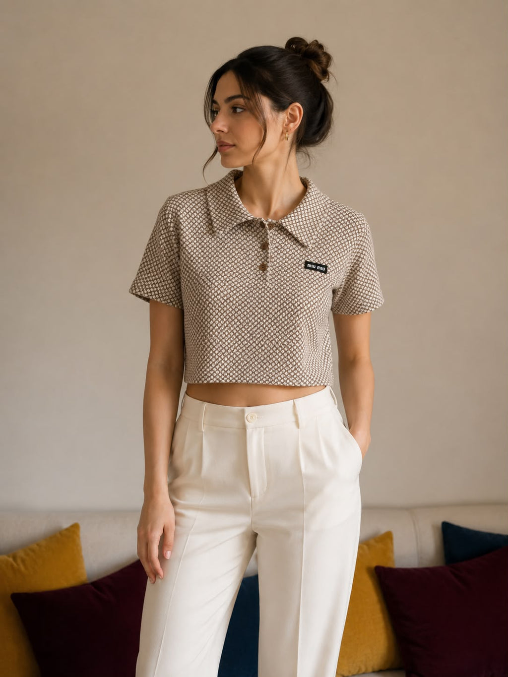 Miu Miu Camel Brown Cropped Cotton Jacquard Polo Shirt