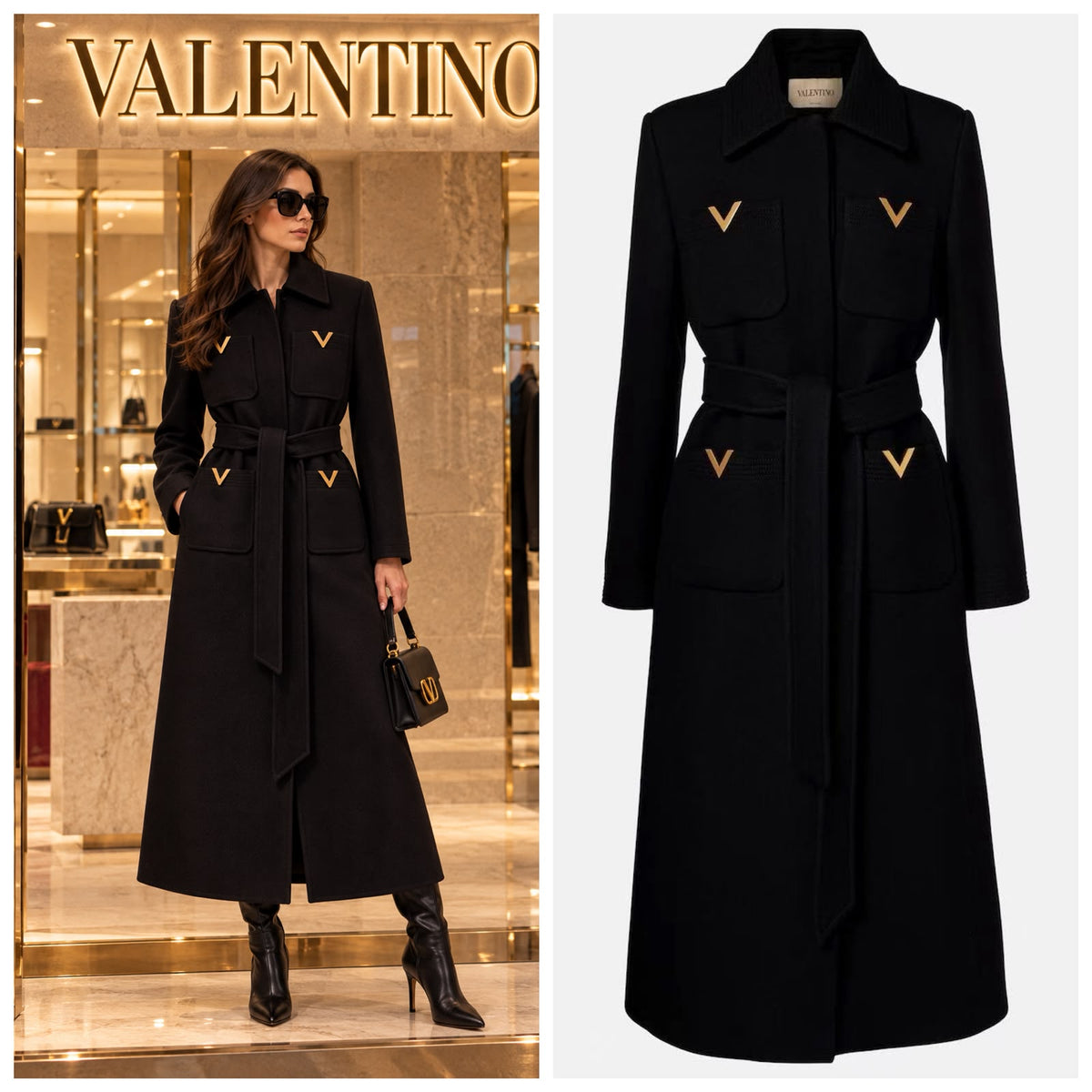 Valentino Wool-Silk Belted Coat with V Gold Hardware Pockets