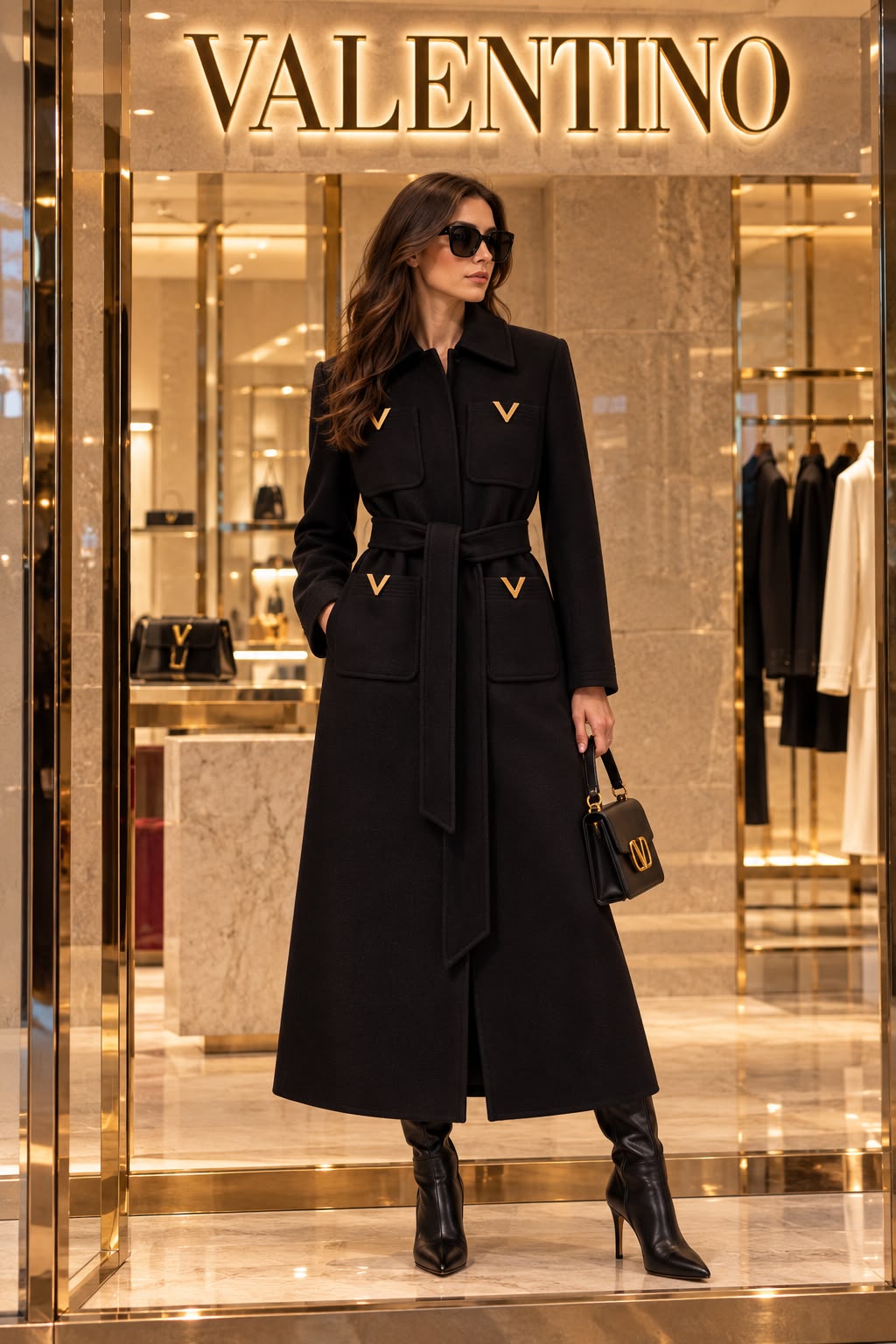 Valentino Wool-Silk Belted Coat with V Gold Hardware Pockets