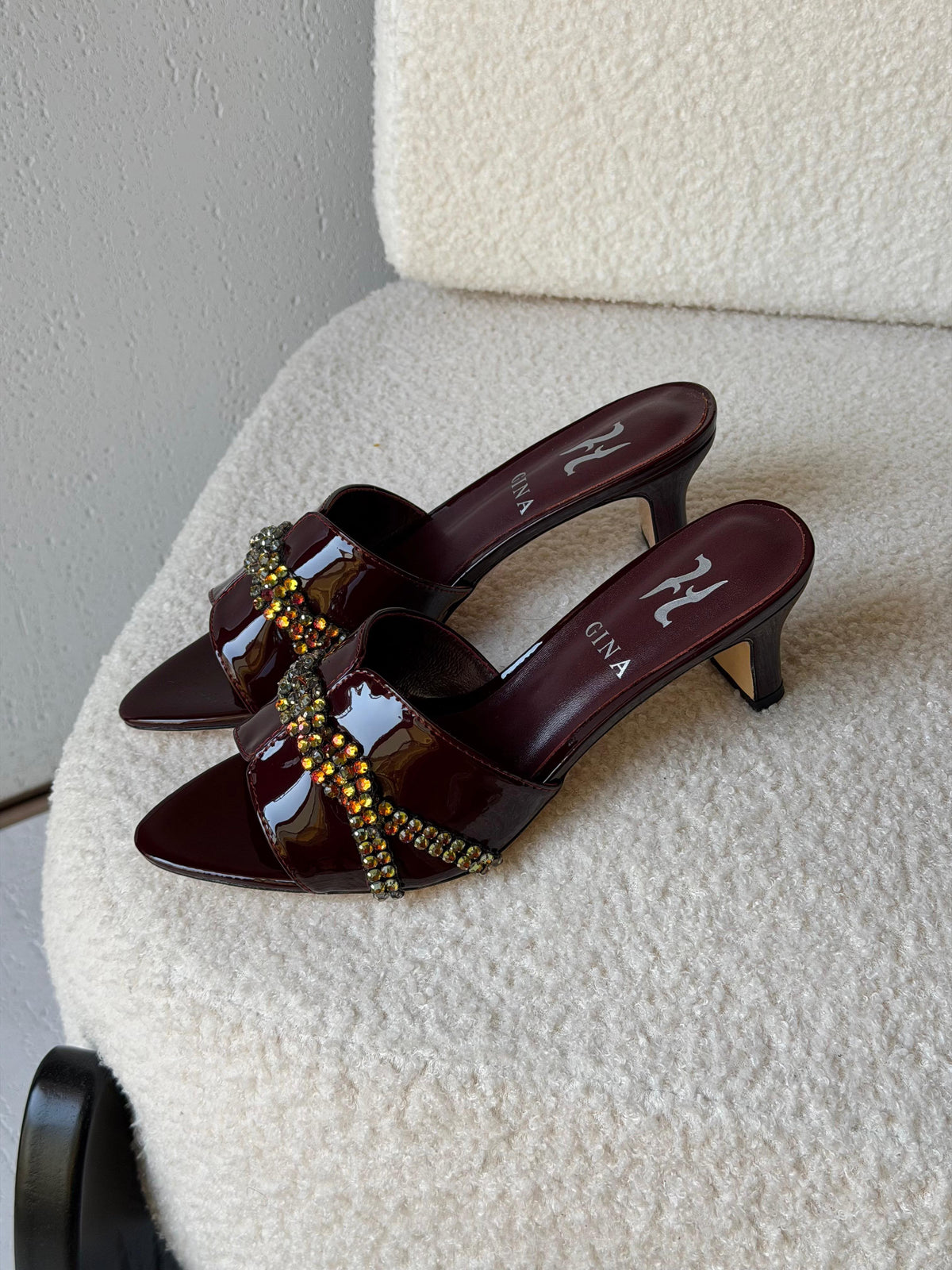 Gina Celine Mules in Chestnut Patent