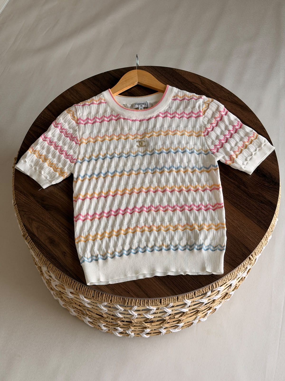 Chanel Chevron Pointelle Open-Knit Short-Sleeve Top